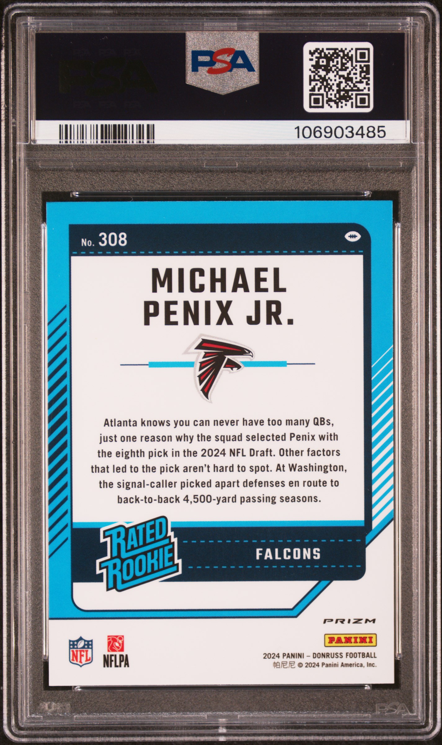 2024 Panini Donruss Michael Penix Jr. #308 (Optic Preview-Red Pandora) Gem Mt 10 back