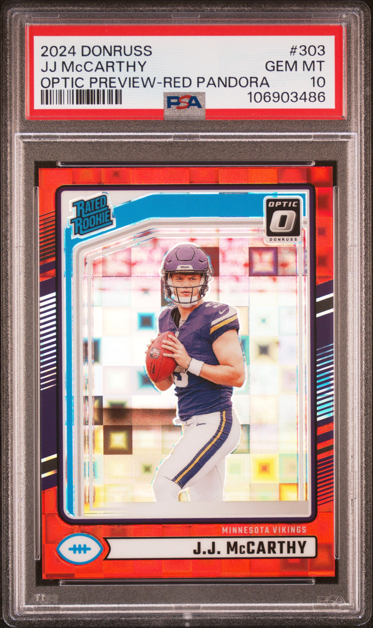 2024 Panini Donruss Jj Mccarthy #303 (Optic Preview-Red Pandora) Gem Mt 10 front