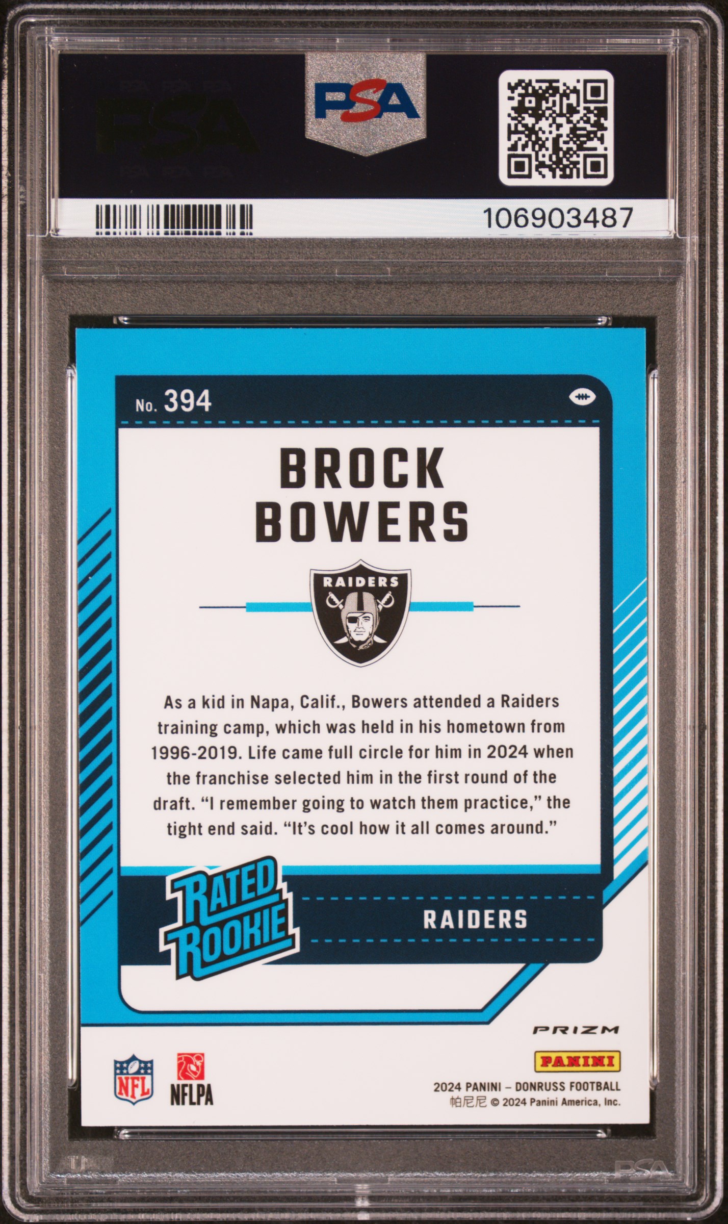 2024 Panini Donruss Brock Bowers #394 (Optic Preview-Red Pandora) Gem Mt 10 back