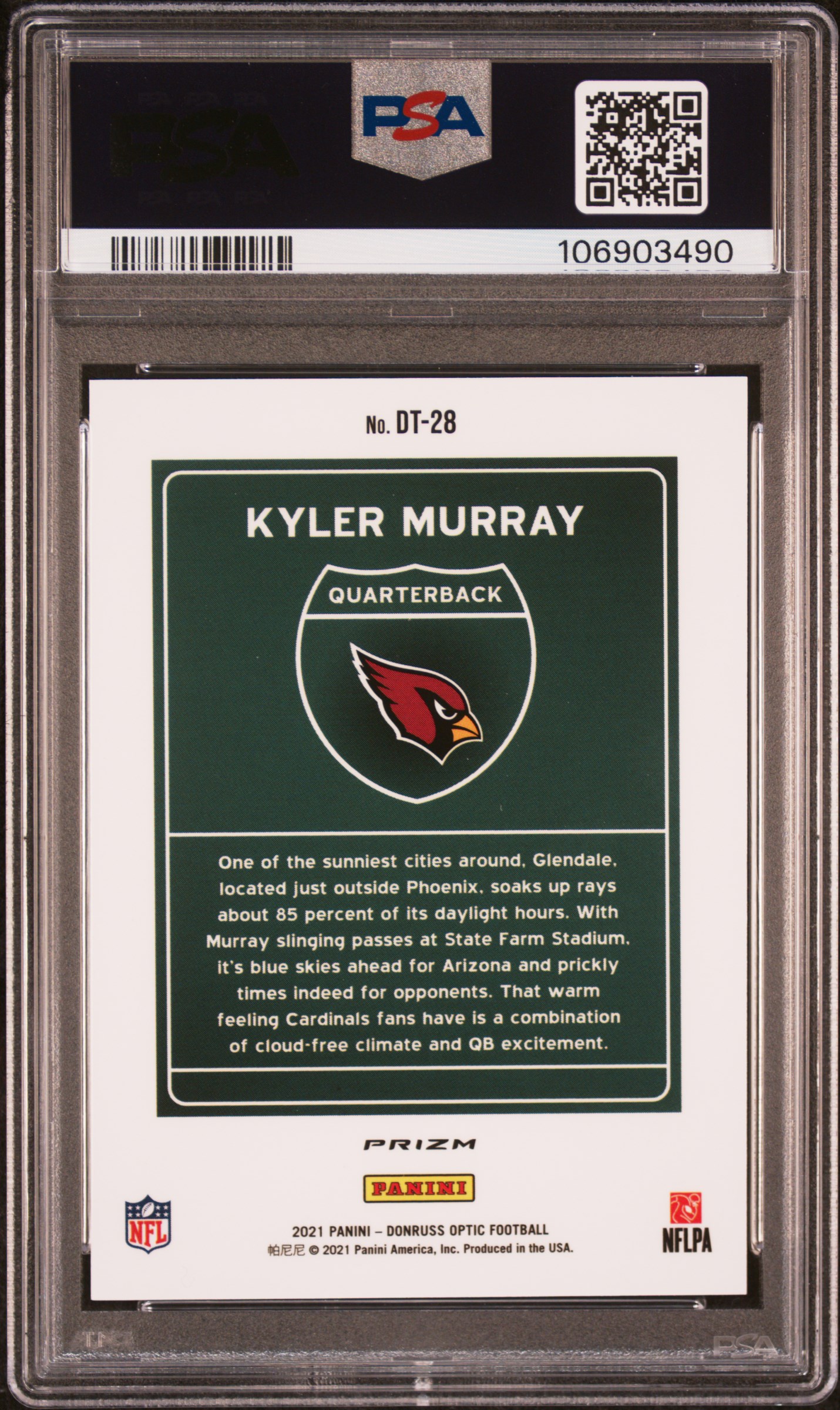 2021 Panini Donruss Optic Downtown Kyler Murray #Dt28 (Downtown) Gem Mt 10 back