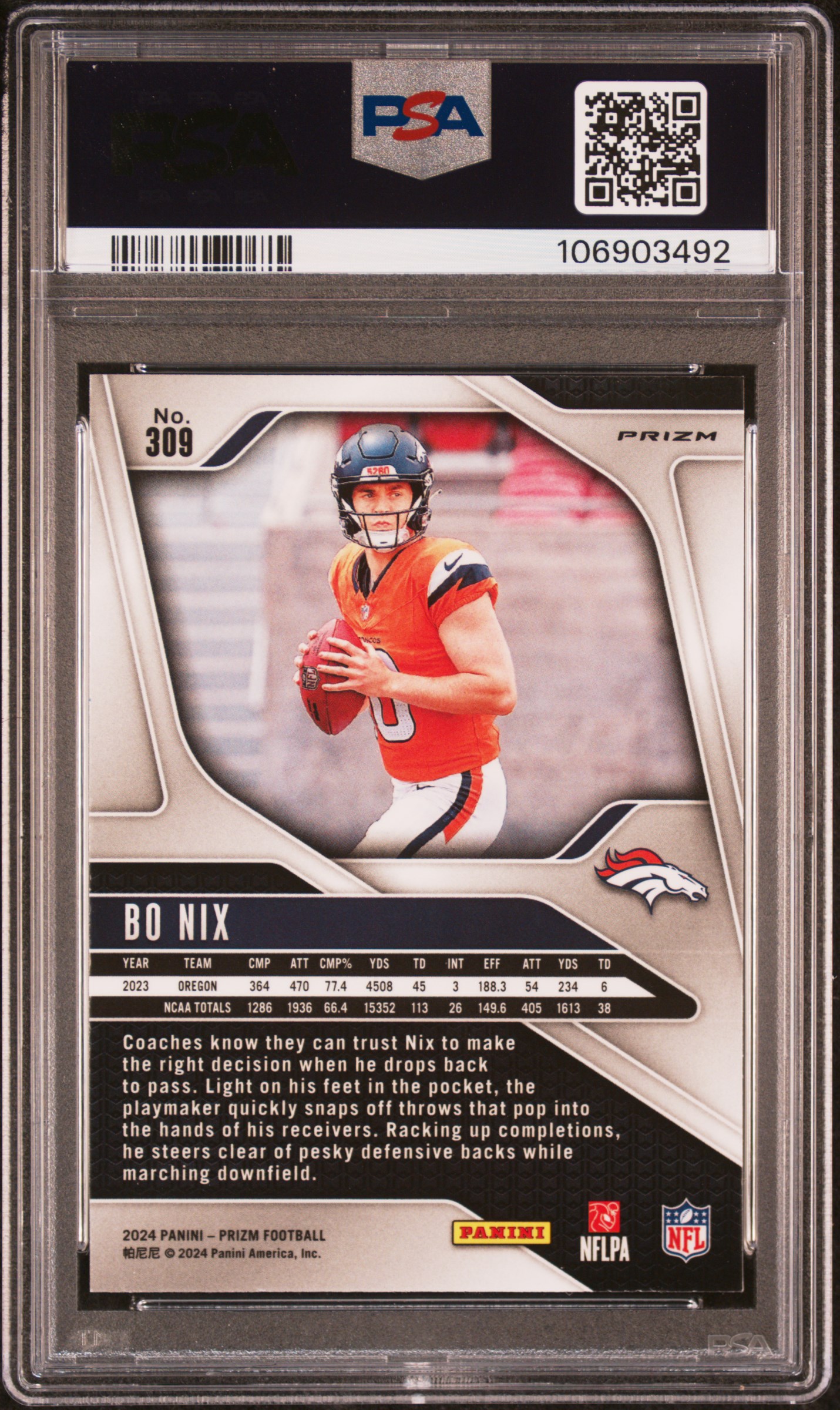 2024 Panini Prizm Bo Nix #309 (Silver Prizm) Mint 9 back