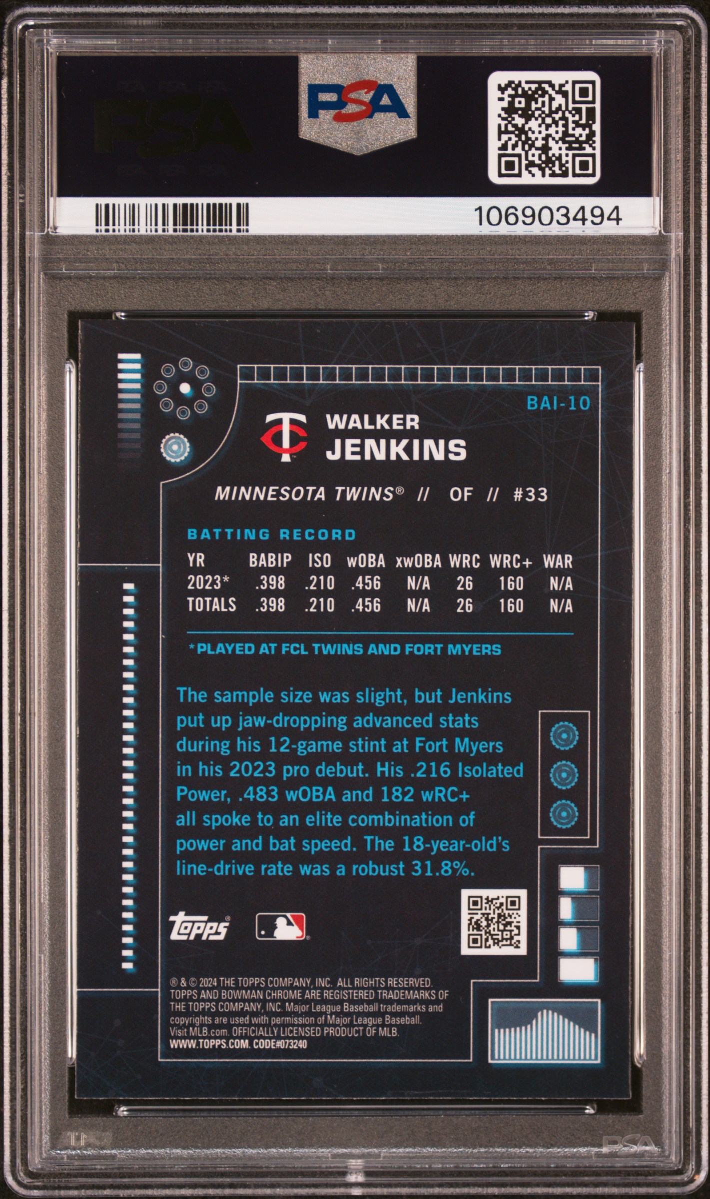 2024 Bowman Bowman Ai Walker Jenkins #Bai10 Mint 9 back