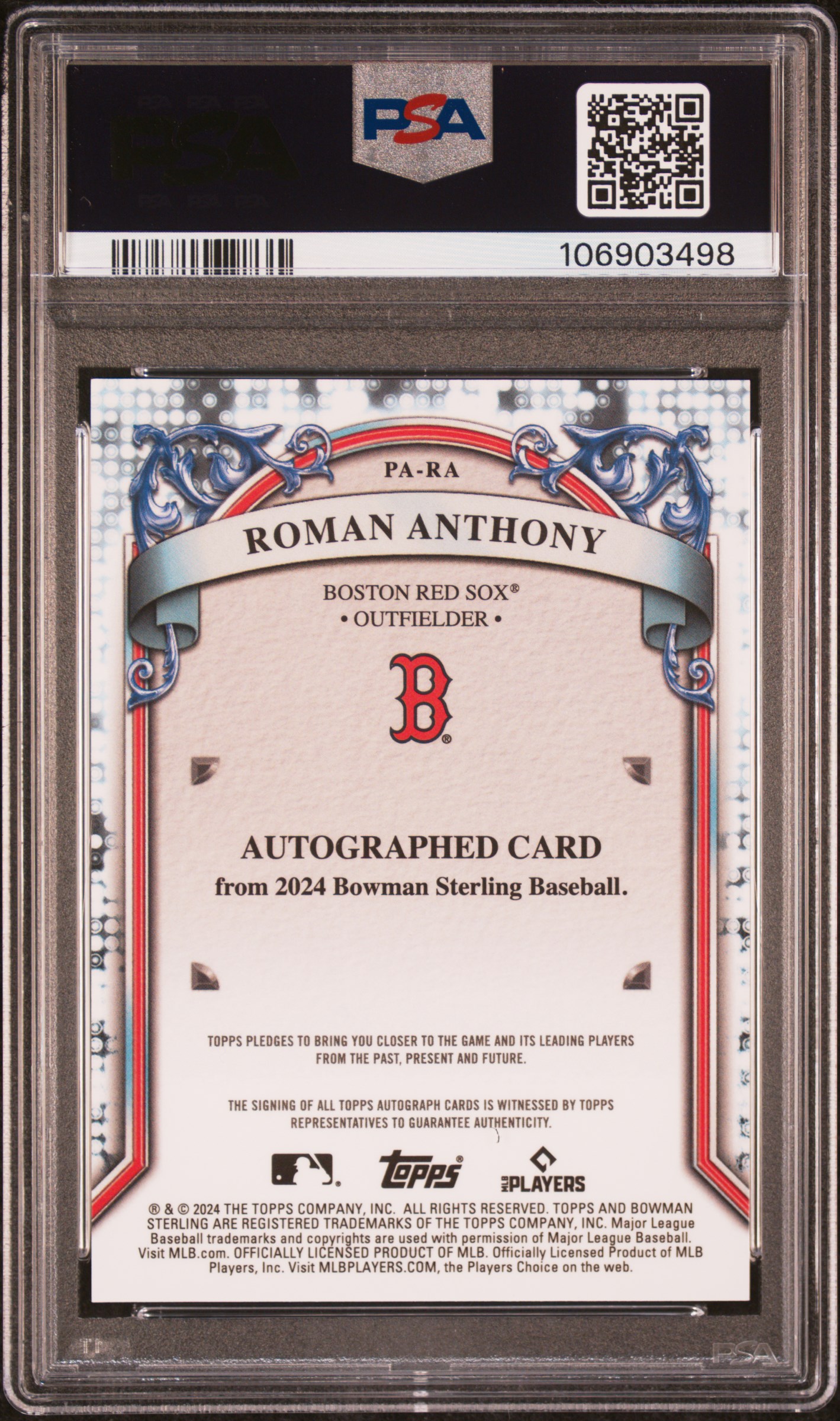 2024 Bowman Sterling Prospect Autographs Roman Anthony #Para Gem Mt 10 back