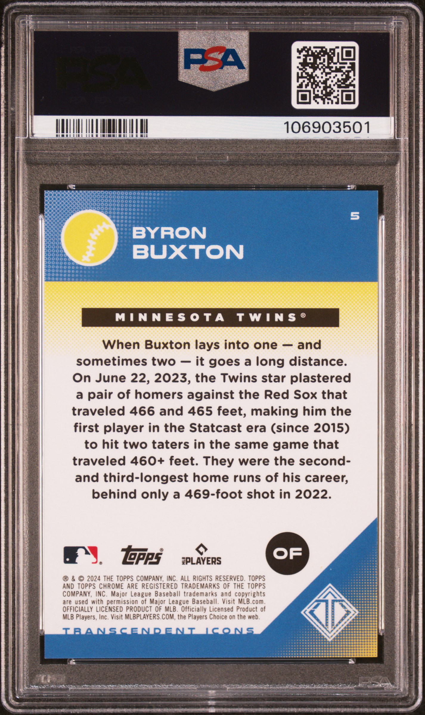 2024 Topps Transcendent Collection Transcendent Icons Chrome Byron Buxton #5 (Icons Chrome-Black Ref) Gem Mt 10 back