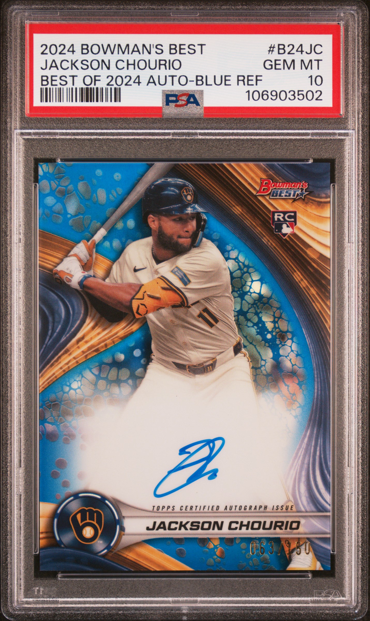 2024 Bowman's Best Best Of 2024 Autographs Jackson Chourio #B24Jc (Best Of 2024 Auto-Blue Ref) Gem Mt 10 front