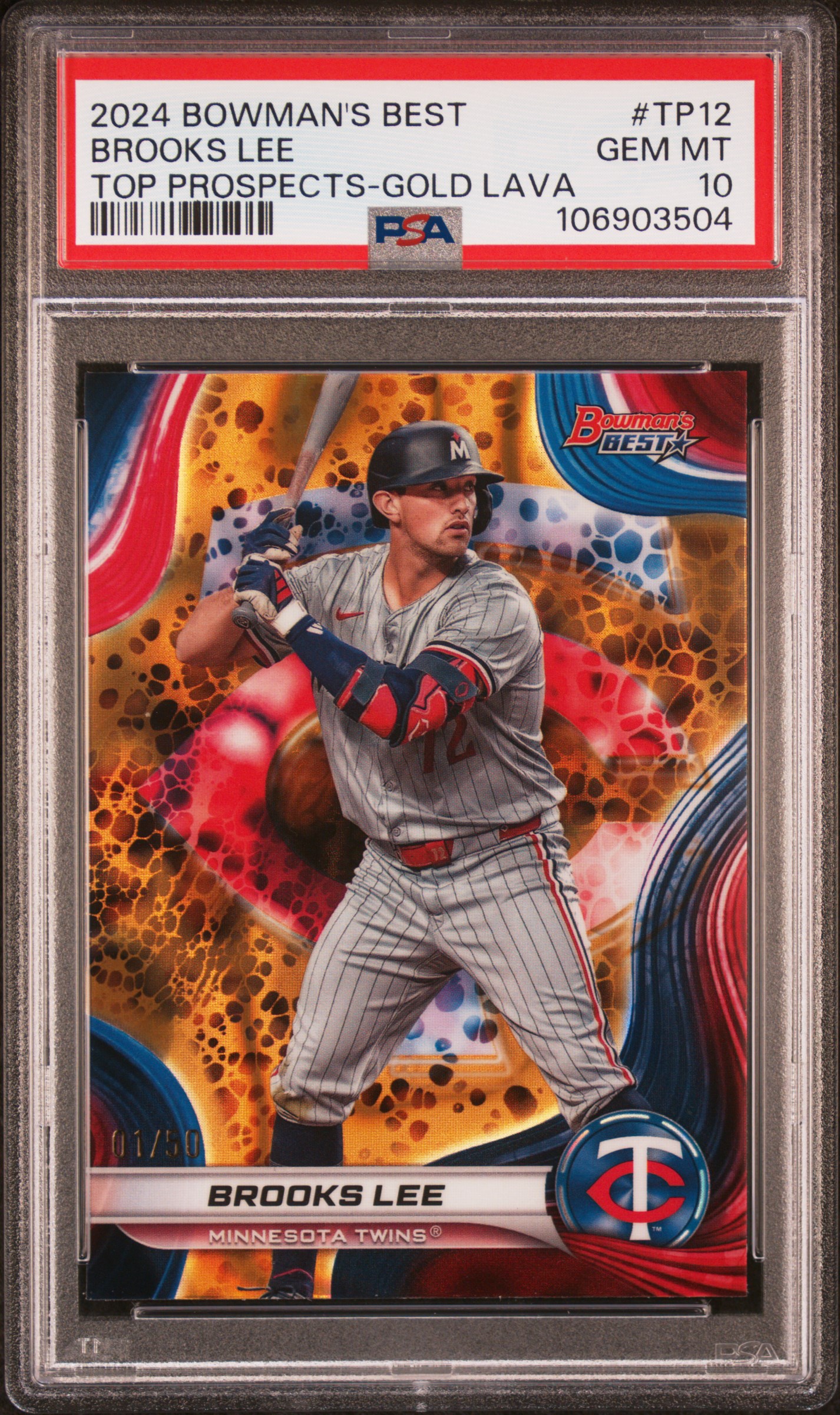 2024 Bowman's Best Top Prospects Brooks Lee #Tp12 (Top Prospects-Gold Lava) Gem Mt 10 front