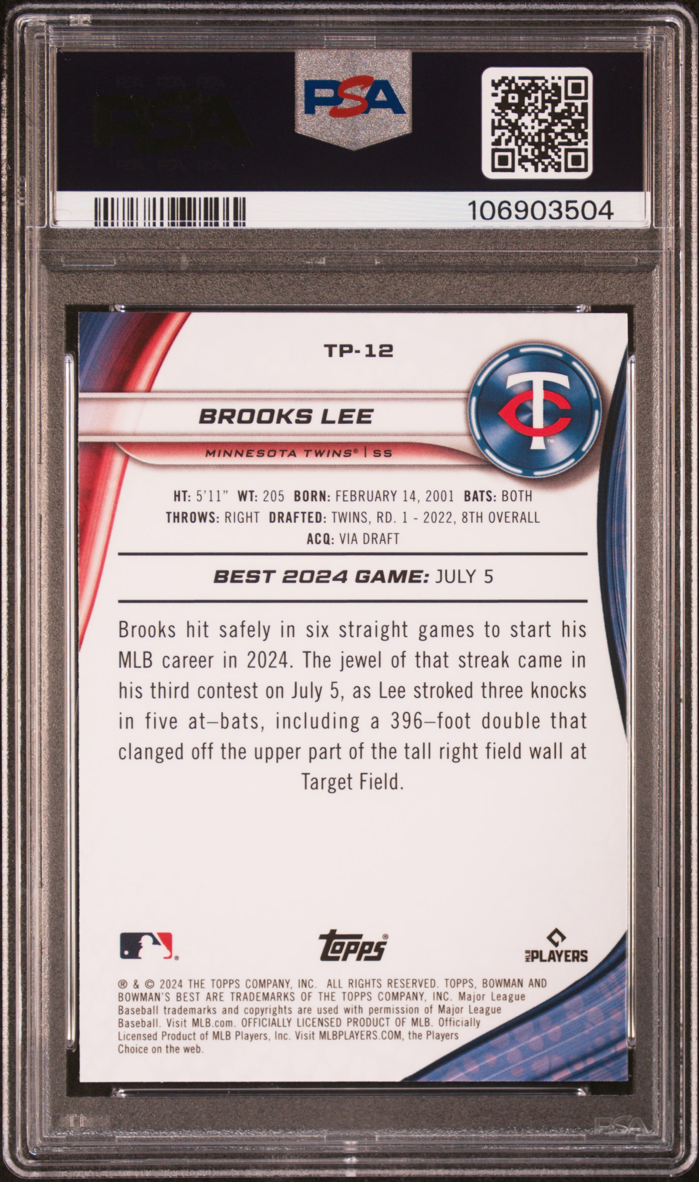 2024 Bowman's Best Top Prospects Brooks Lee #Tp12 (Top Prospects-Gold Lava) Gem Mt 10 back