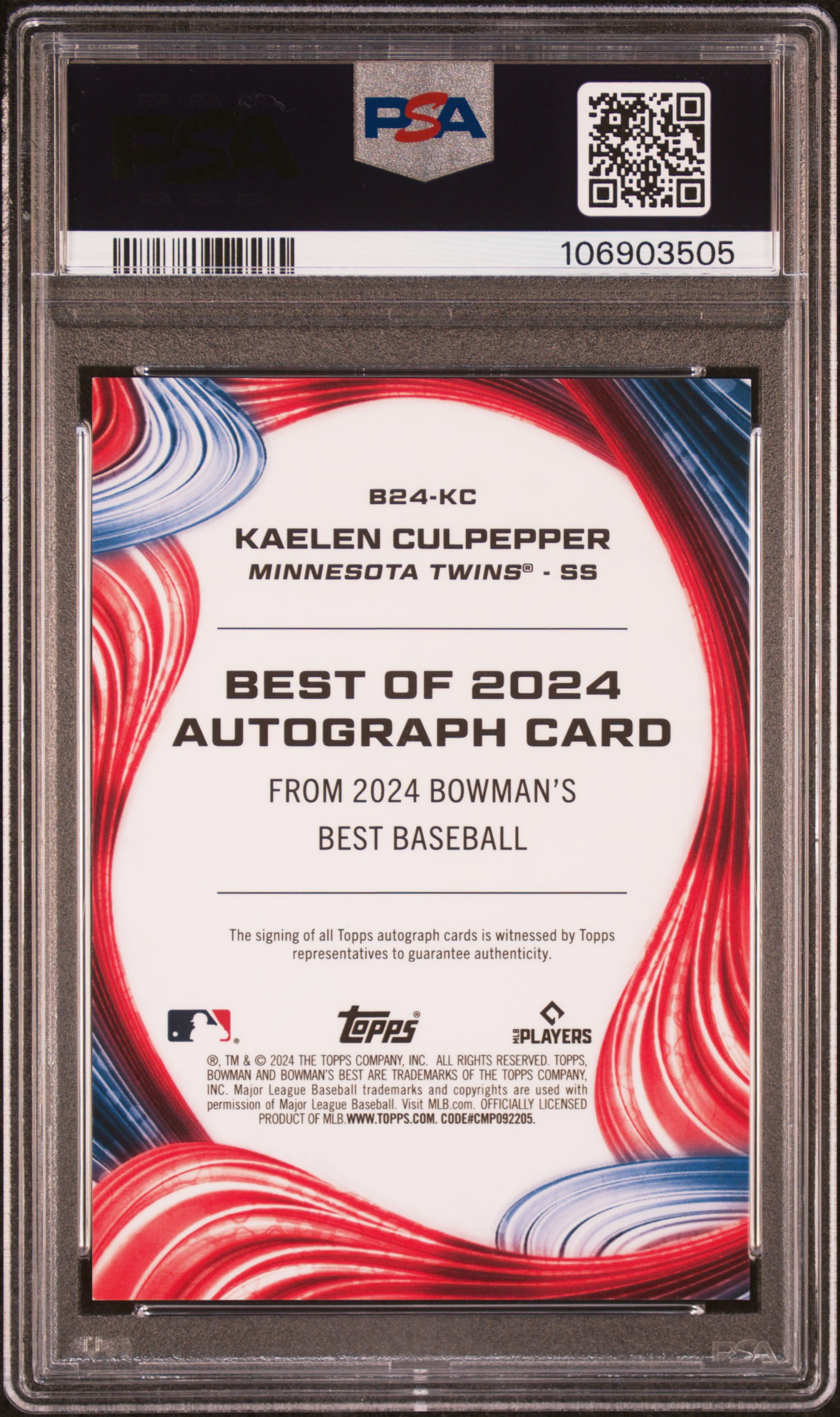 2024 Bowman's Best Best Of 2024 Autographs Kaelen Culpepper #B24Kc (Best Of 2024 Auto-Blue Ref) Gem Mt 10 back