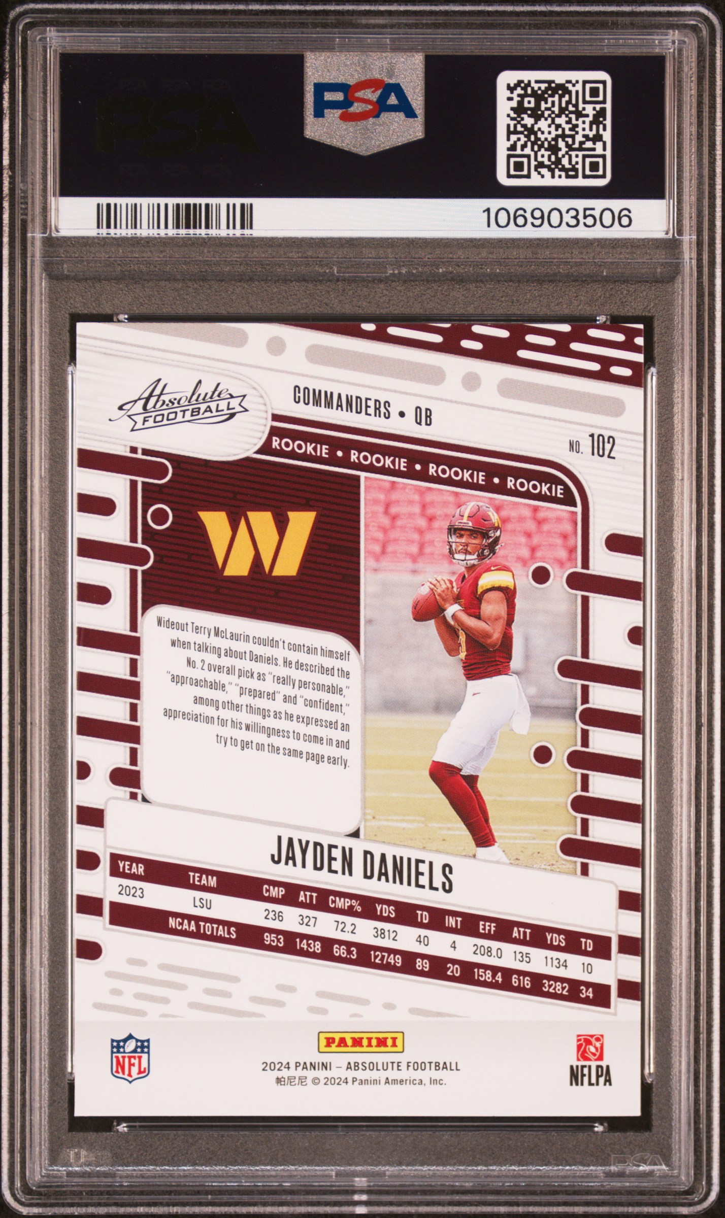 2024 Panini Absolute Jayden Daniels #102 (Orange) Gem Mt 10 back