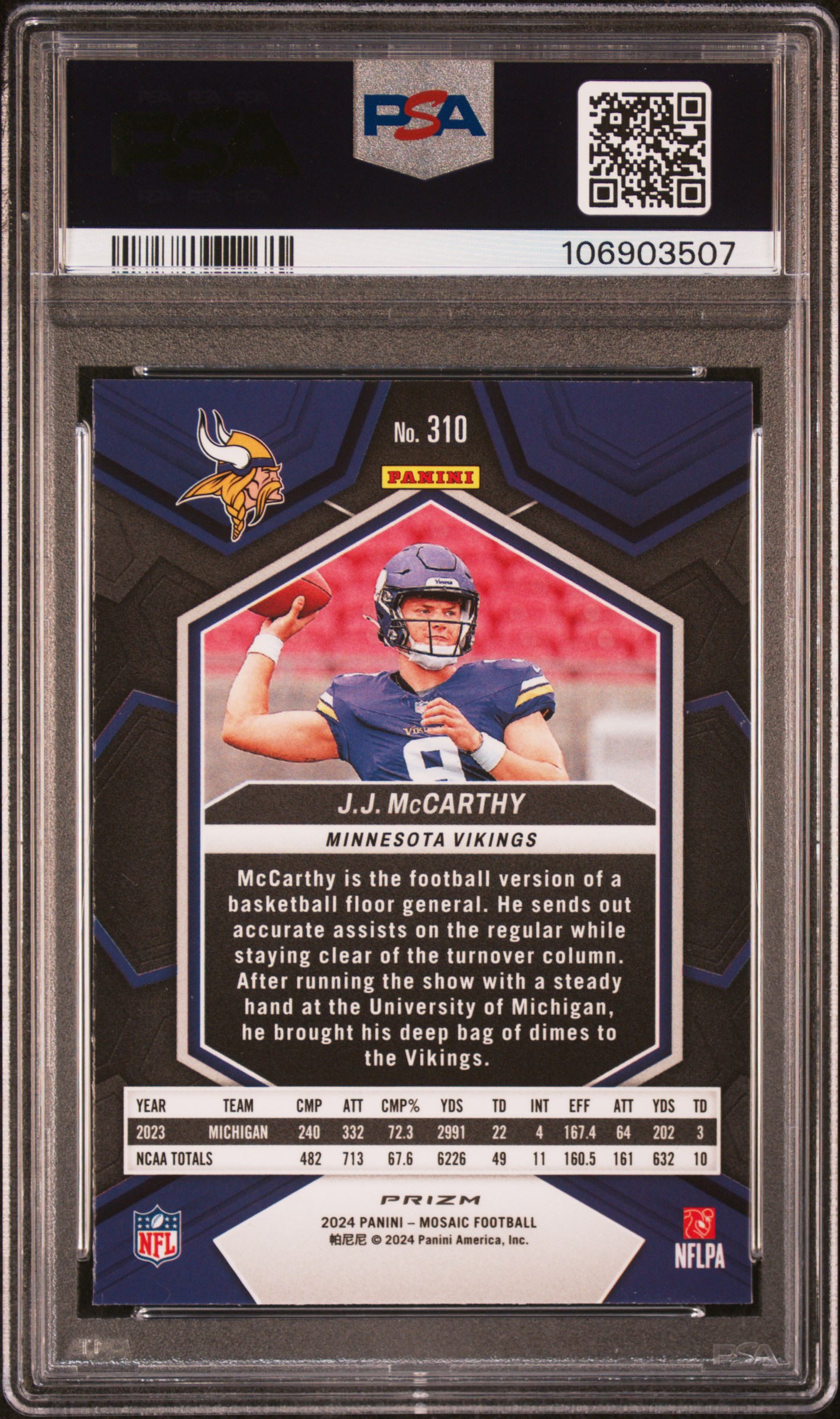 2024 Panini Mosaic Jj Mccarthy #310 (Reactive Yellow) Mint 9 back