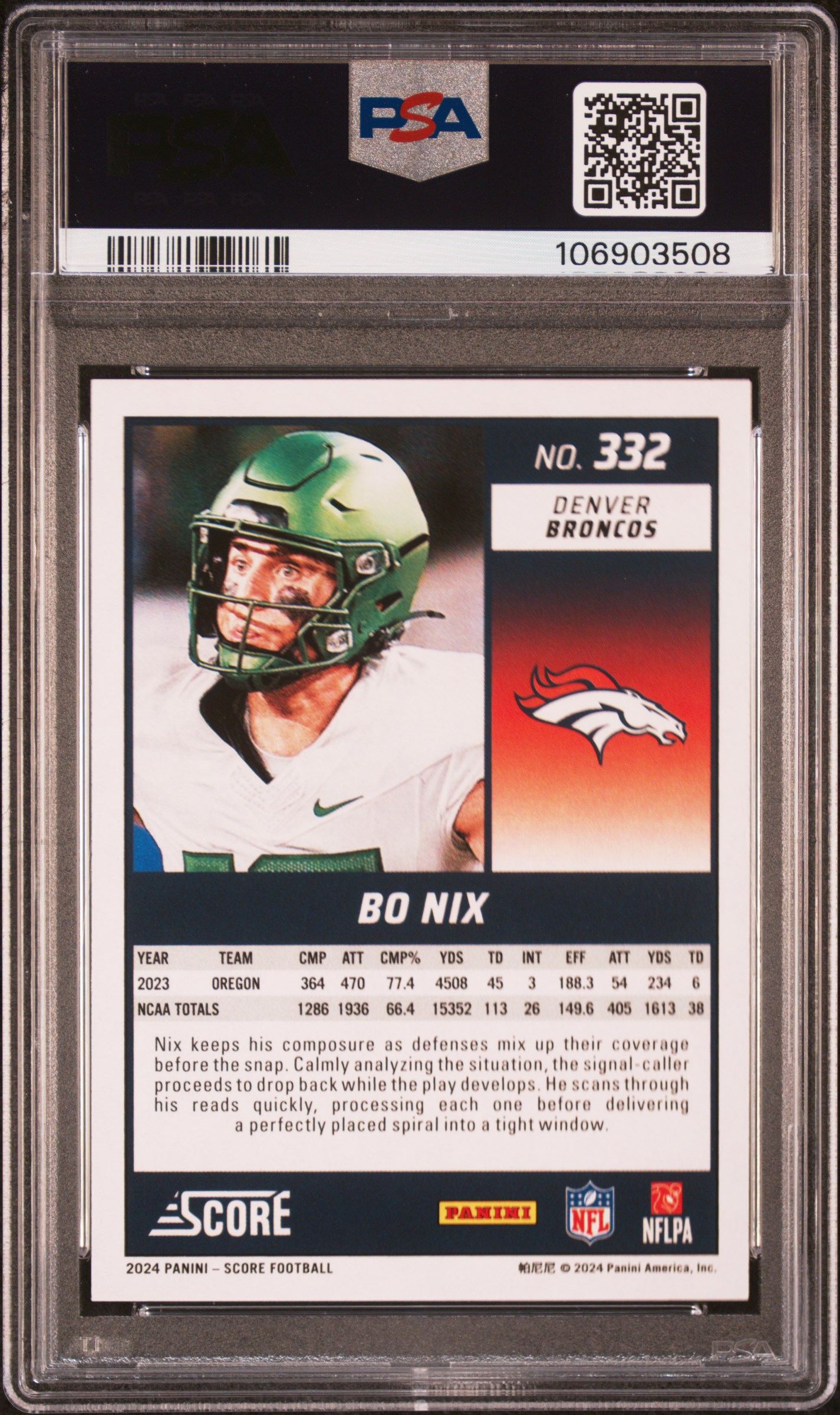 2024 Panini Score Bo Nix #332 Mint 9 back