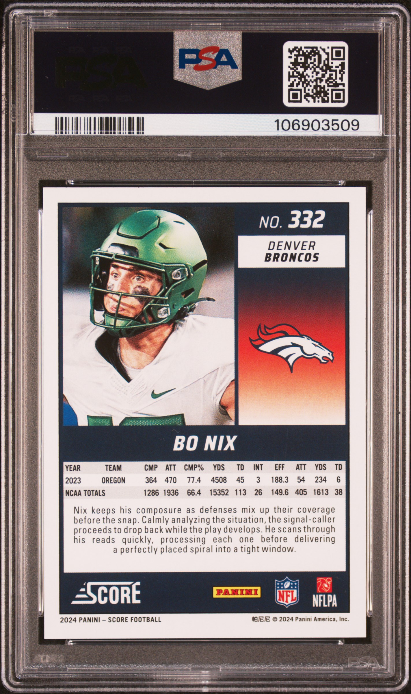 2024 Panini Score Bo Nix #332 Gem Mt 10 back