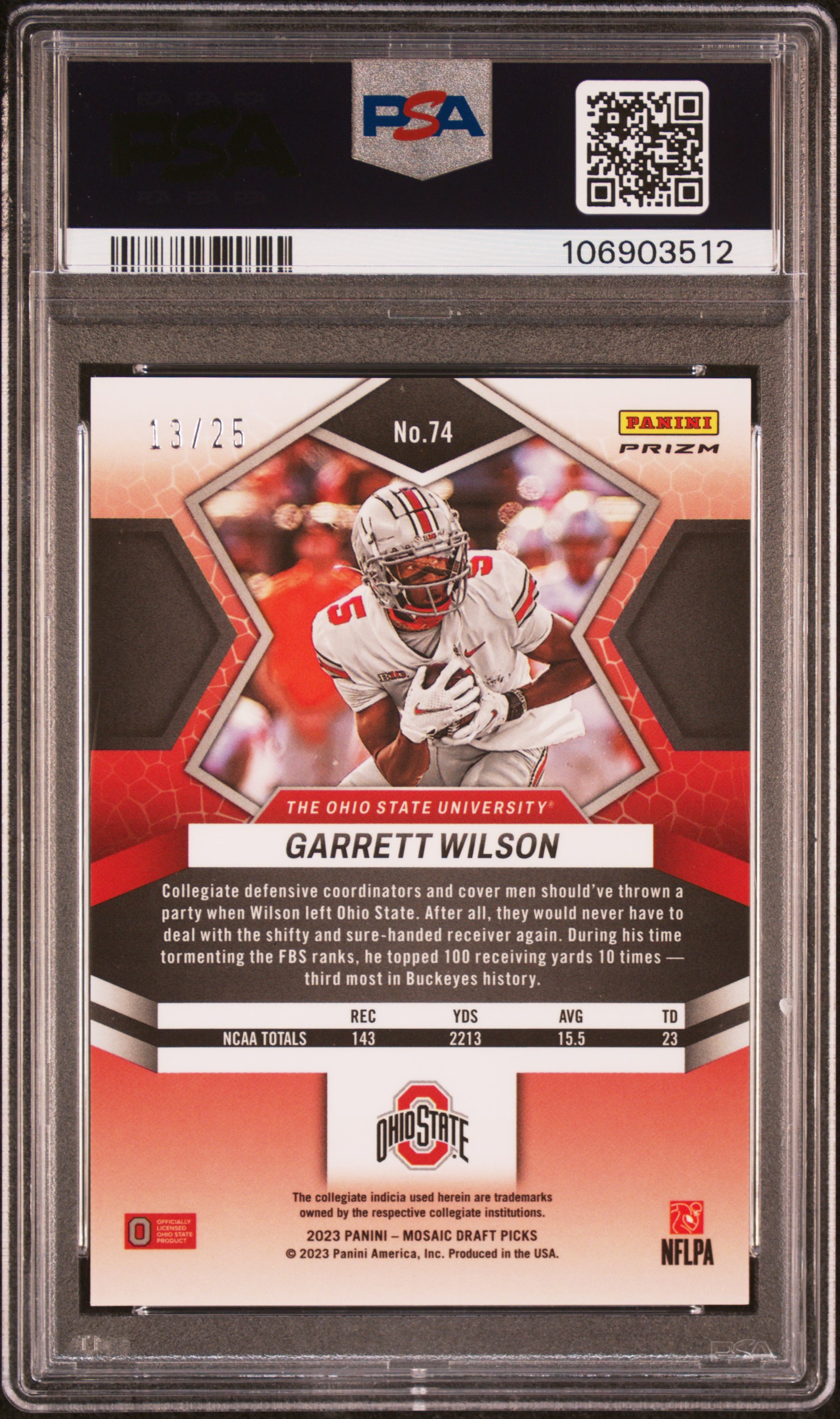 2023 Panini Mosaic Draft Picks Garrett Wilson #74 (Pink Mosaic) Gem Mt 10 back