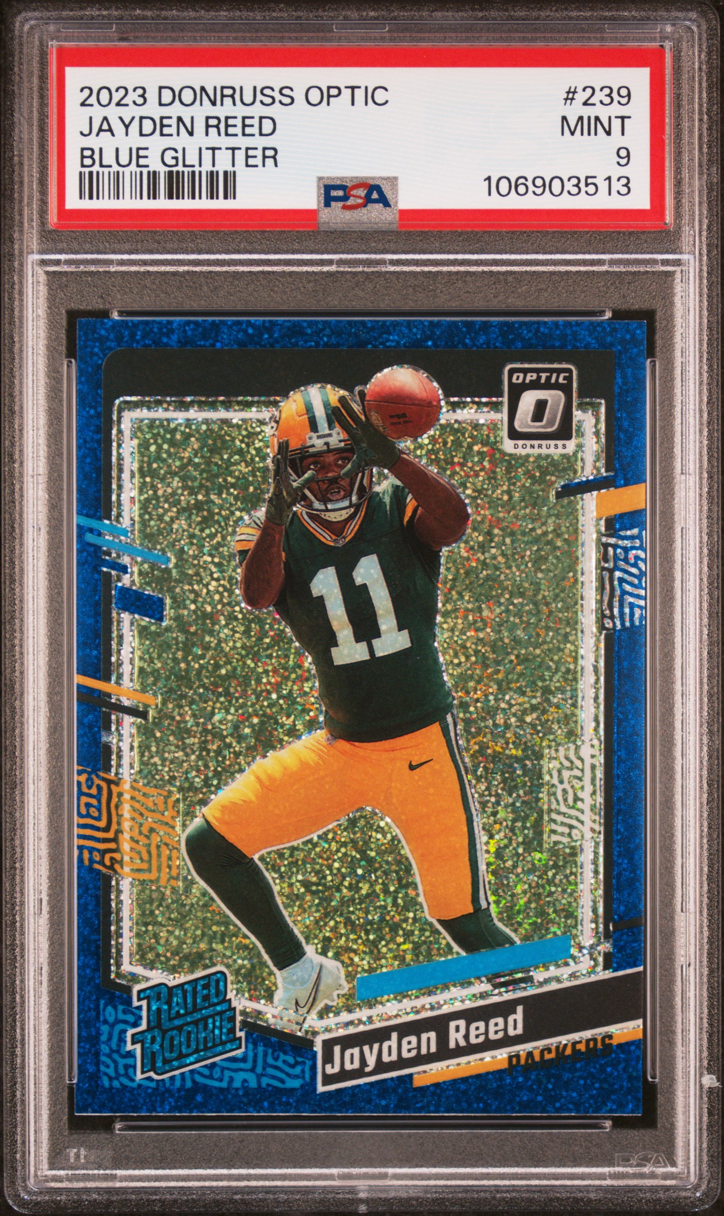 2023 Panini Donruss Optic Jayden Reed #239 (Blue Glitter) Mint 9 front
