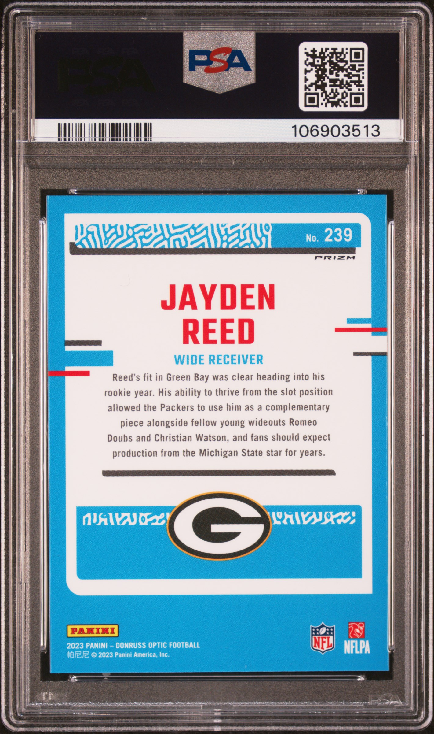 2023 Panini Donruss Optic Jayden Reed #239 (Blue Glitter) Mint 9 back