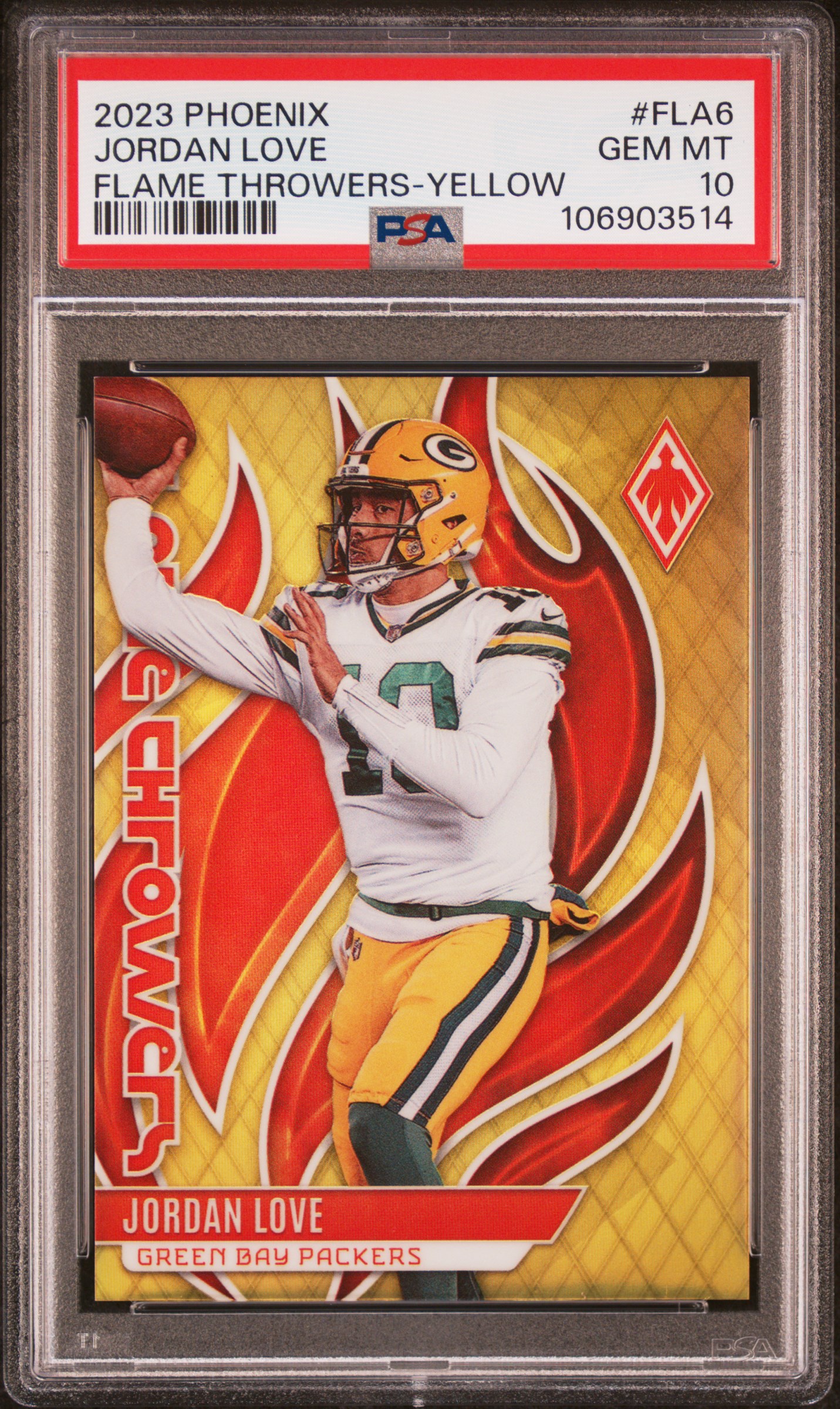 2023 Panini Phoenix Flame Throwers Jordan Love #Fla6 (Flame Throwers-Yellow) Gem Mt 10 front