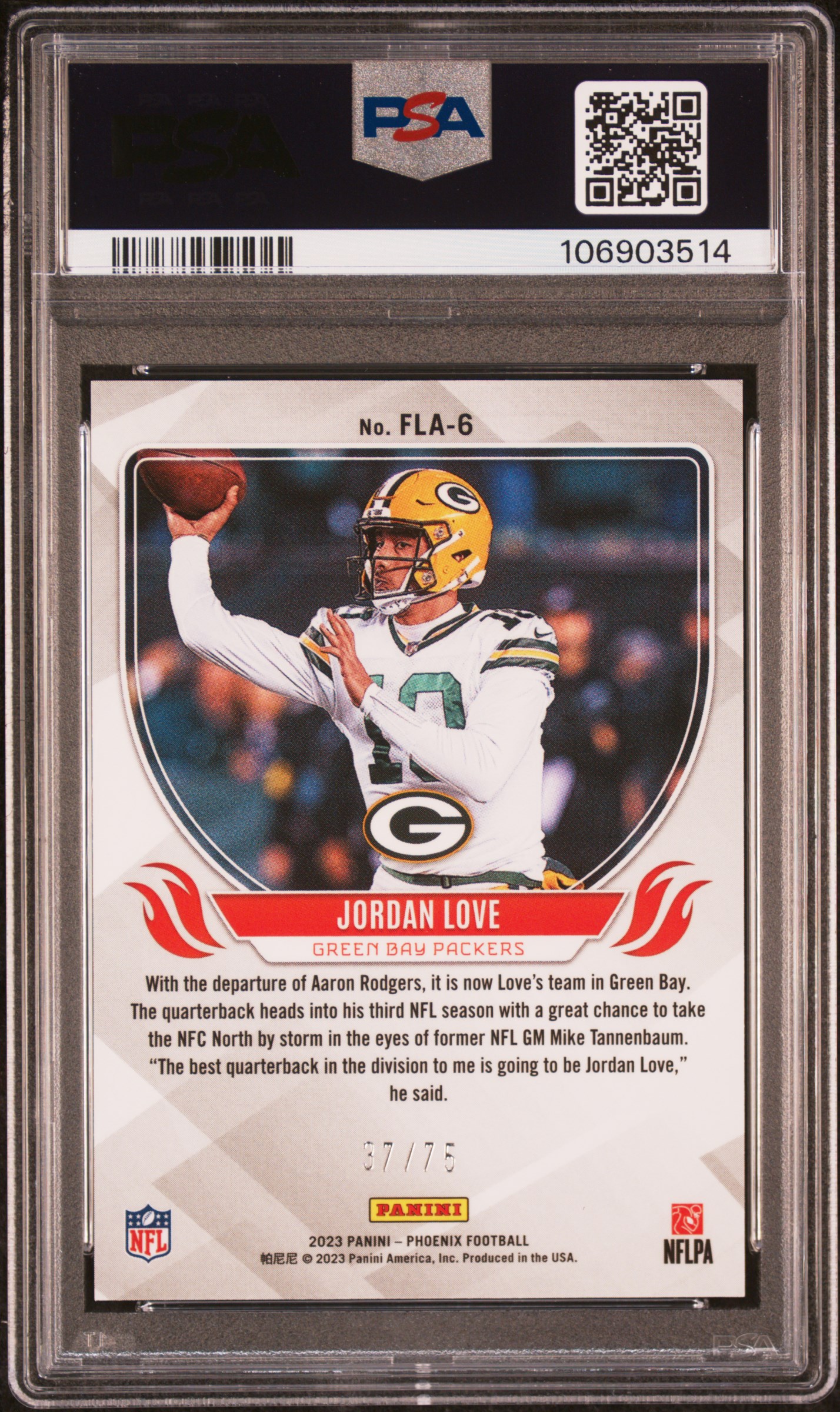 2023 Panini Phoenix Flame Throwers Jordan Love #Fla6 (Flame Throwers-Yellow) Gem Mt 10 back