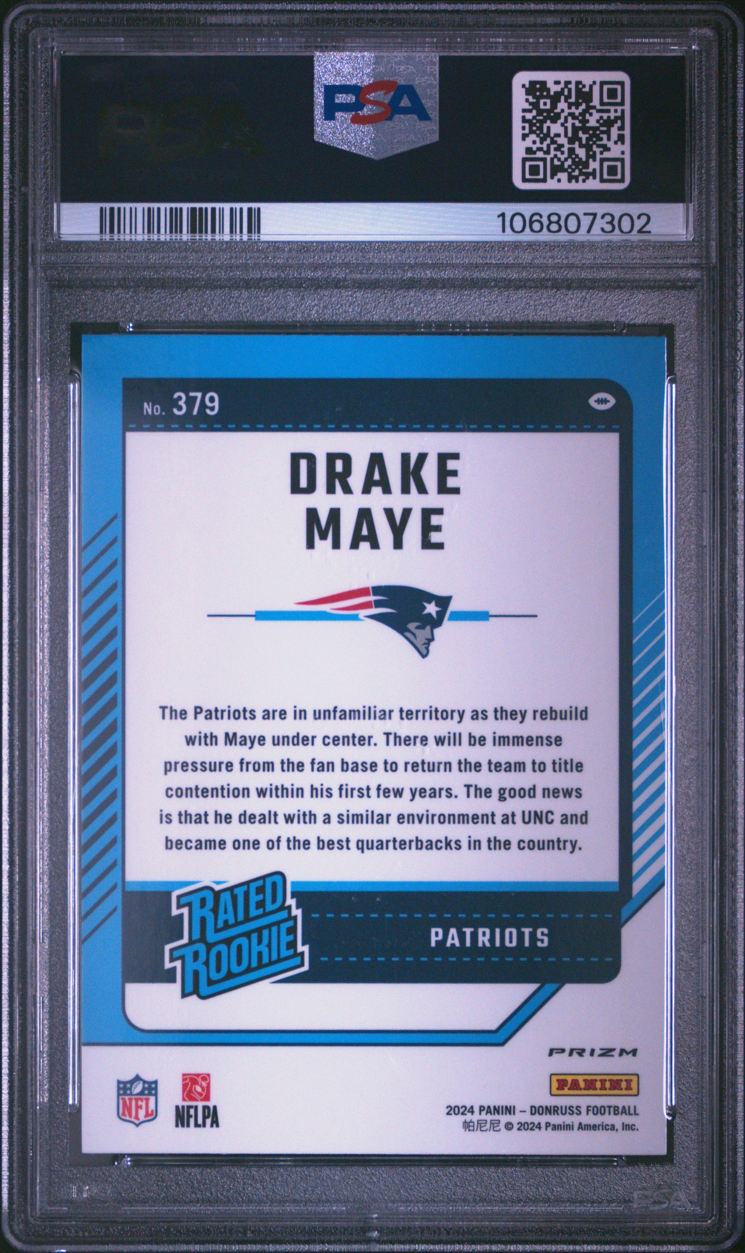 2024 Panini Donruss Drake Maye #379 (Optic Preview-Red Pandora) Gem Mt 10 back