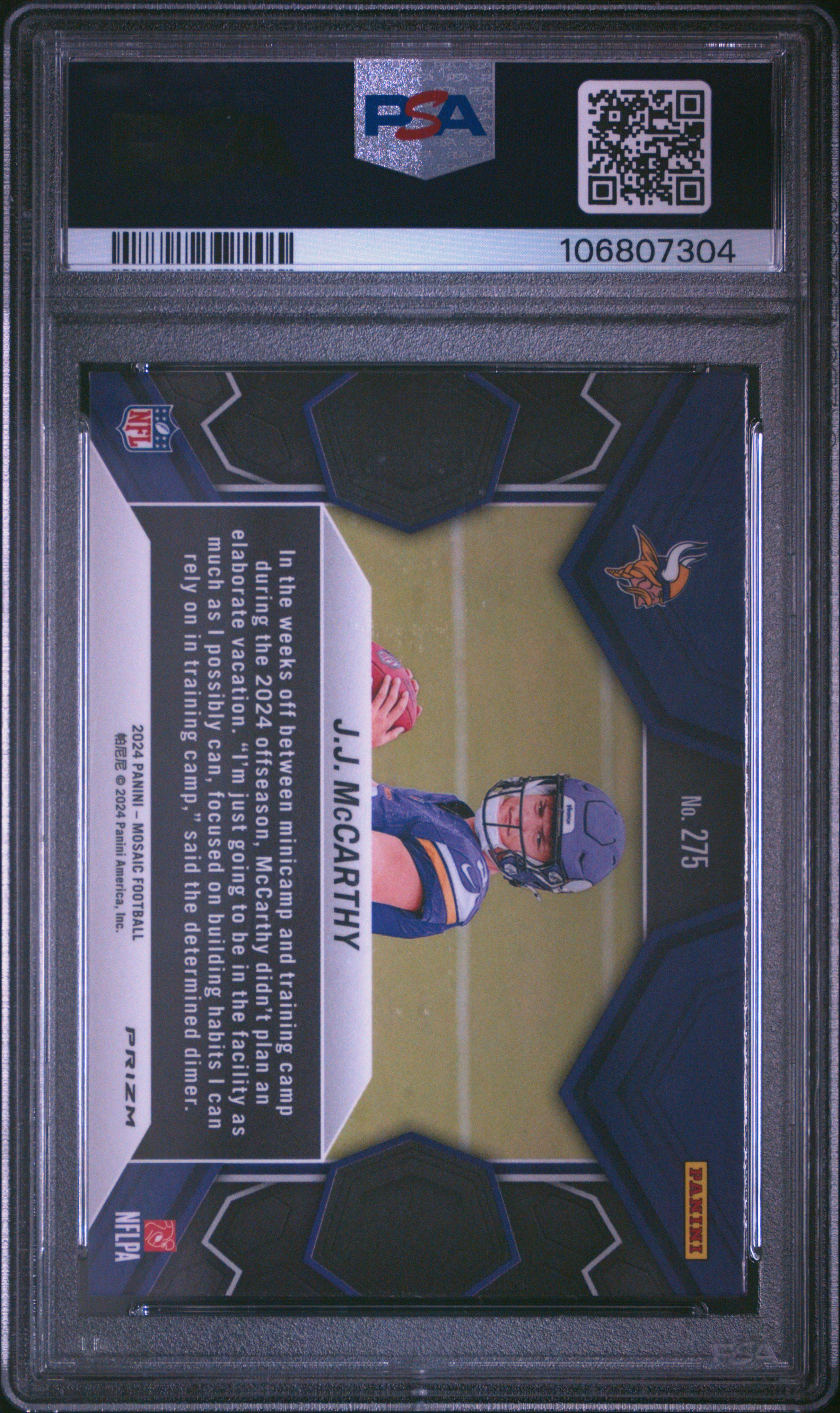 2024 Panini Mosaic Jj Mccarthy #275 (Reactive Yellow) Gem Mt 10 back