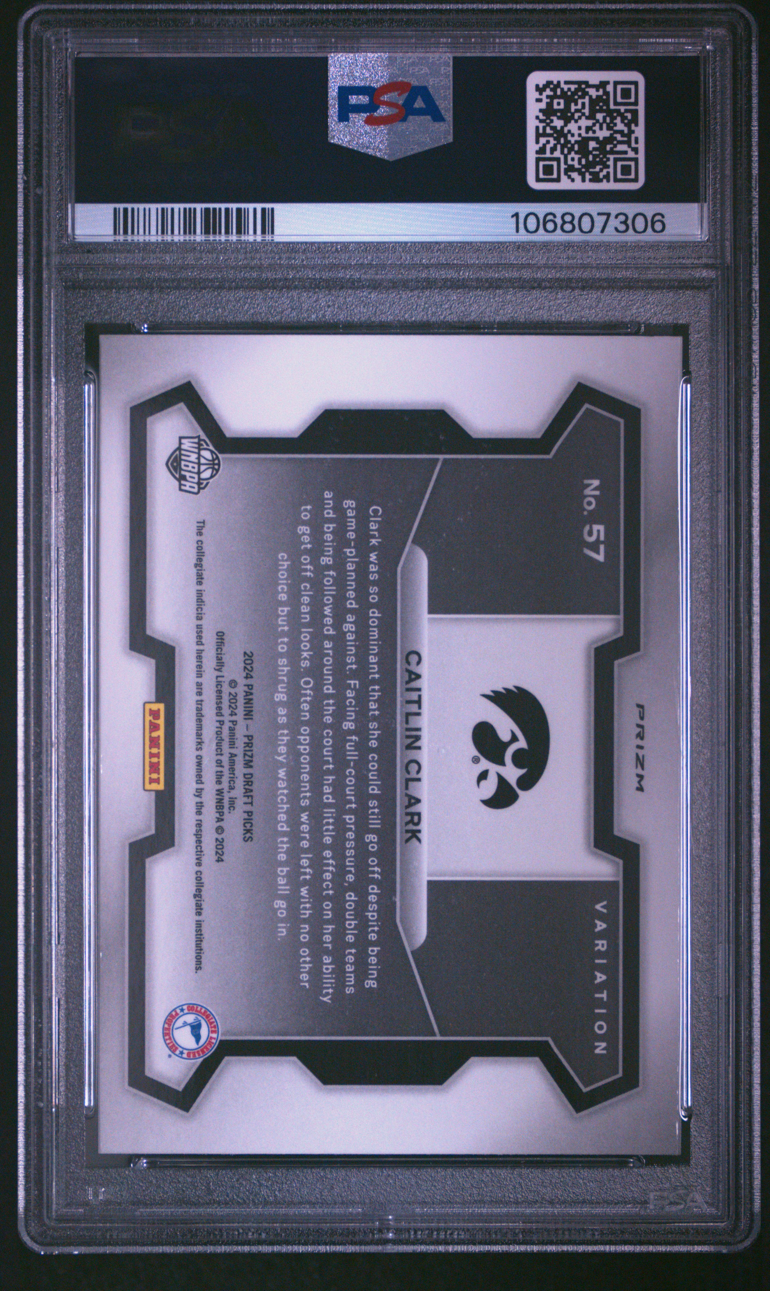 2024 Panini Prizm Draft Picks Caitlin Clark #57 (Variation-Purple Wave) Mint 9 back