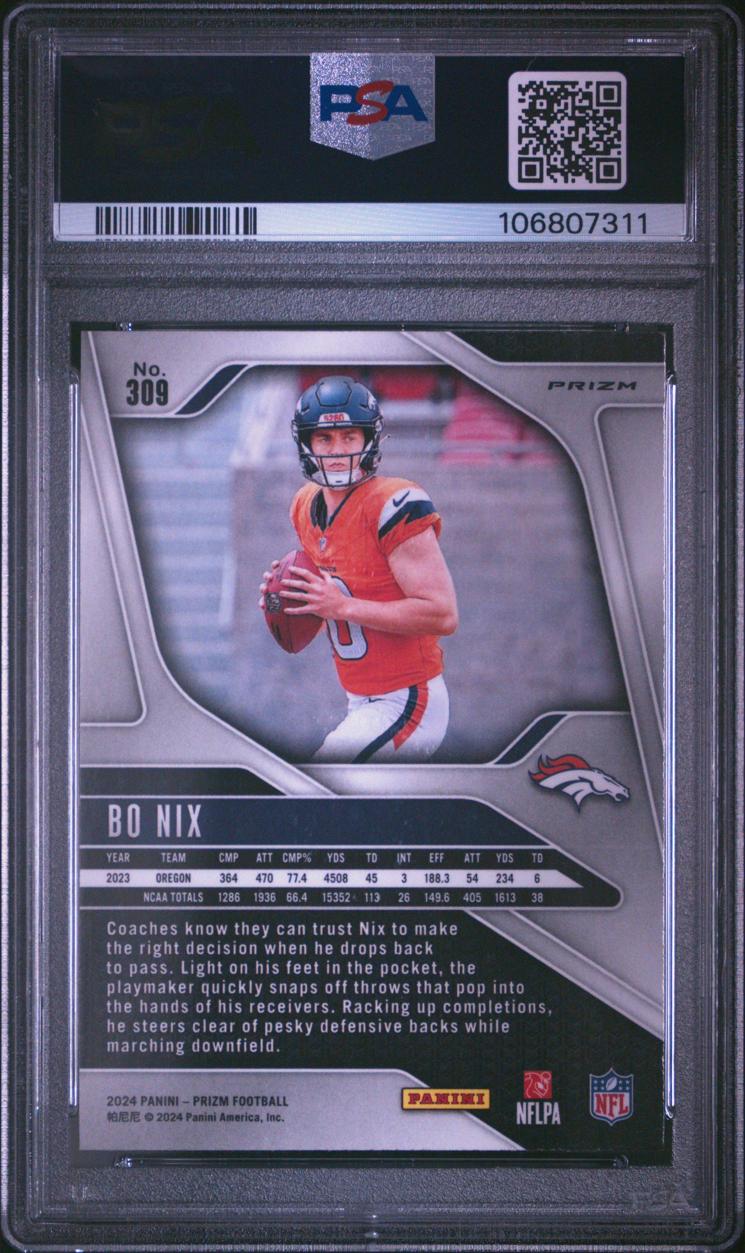 2024 Panini Prizm Bo Nix #309 (Disco Prizm) Mint 9 back