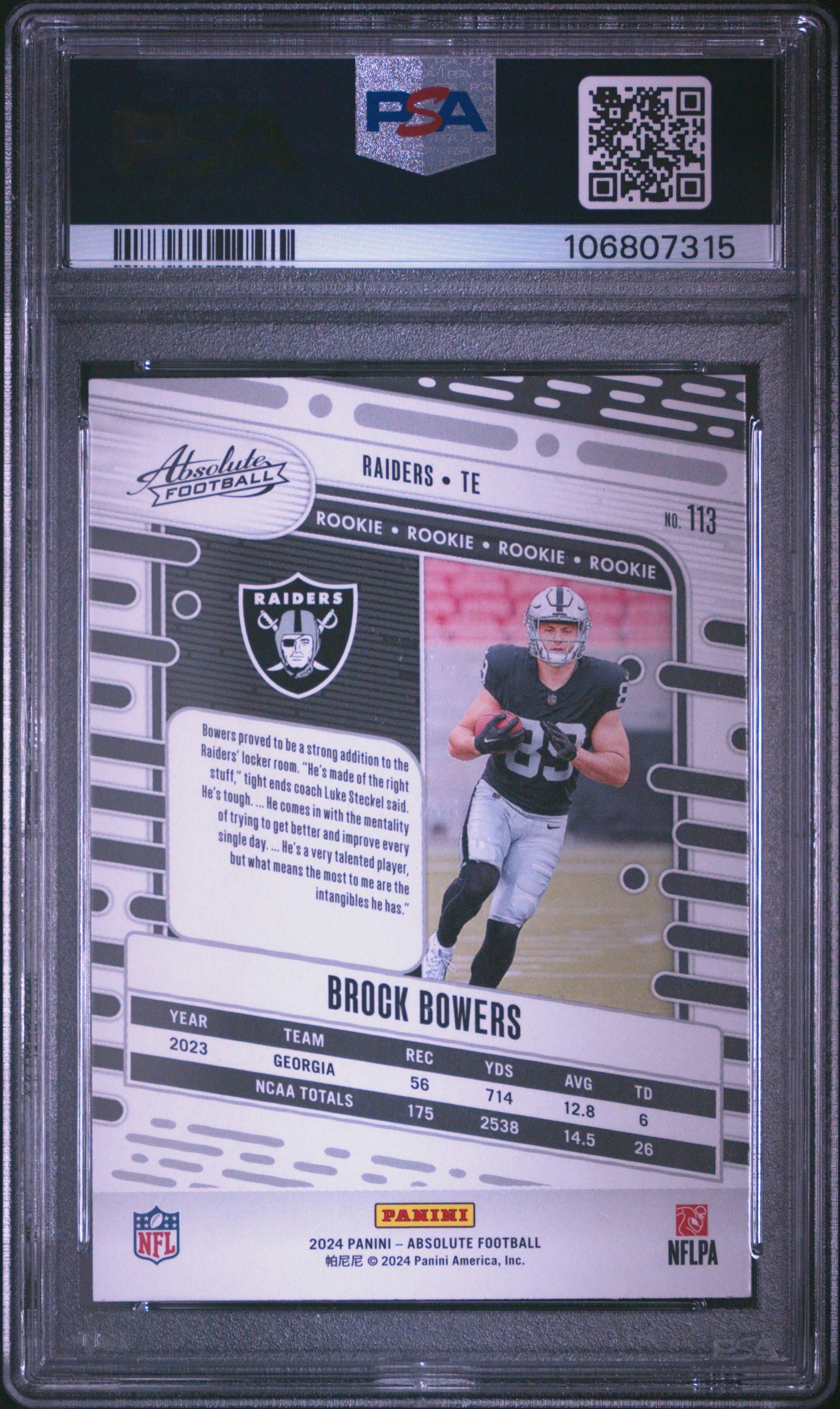 2024 Panini Absolute Brock Bowers #113 (Orange) Mint 9 back