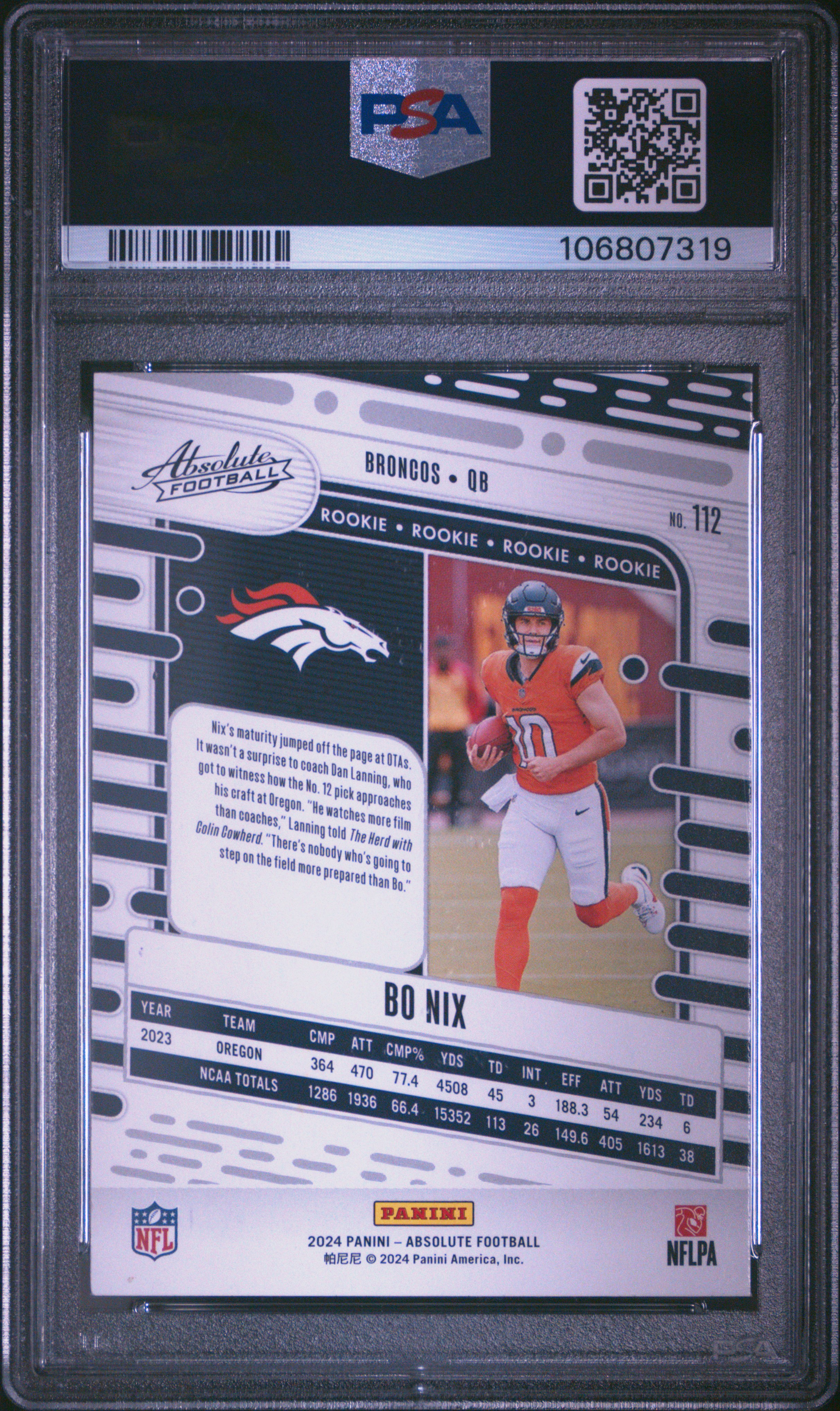 2024 Panini Absolute Bo Nix #112 Gem Mt 10 back