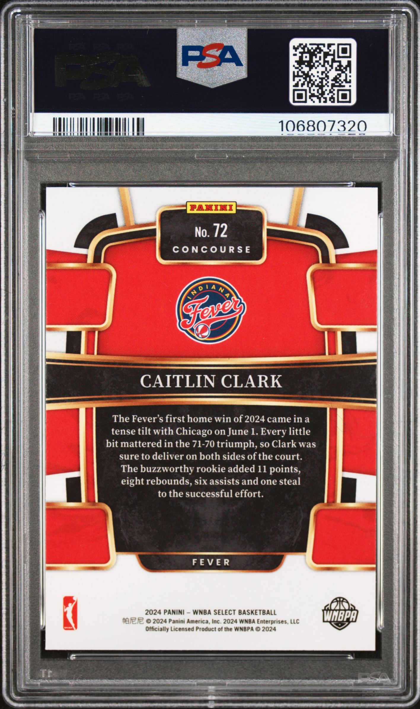 2024 Panini Select Wnba Caitlin Clark #72 Gem Mt 10 back