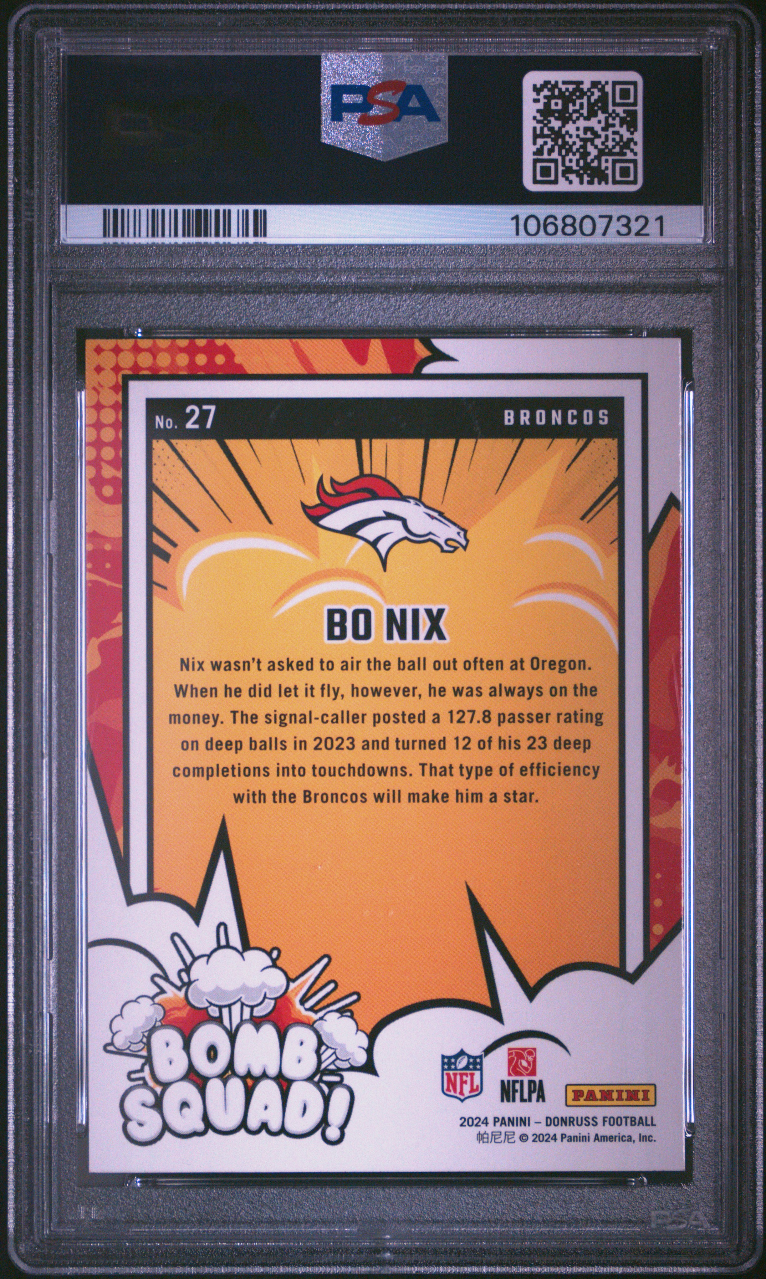 2024 Panini Donruss Bomb Squad Bo Nix #27 Gem Mt 10 back