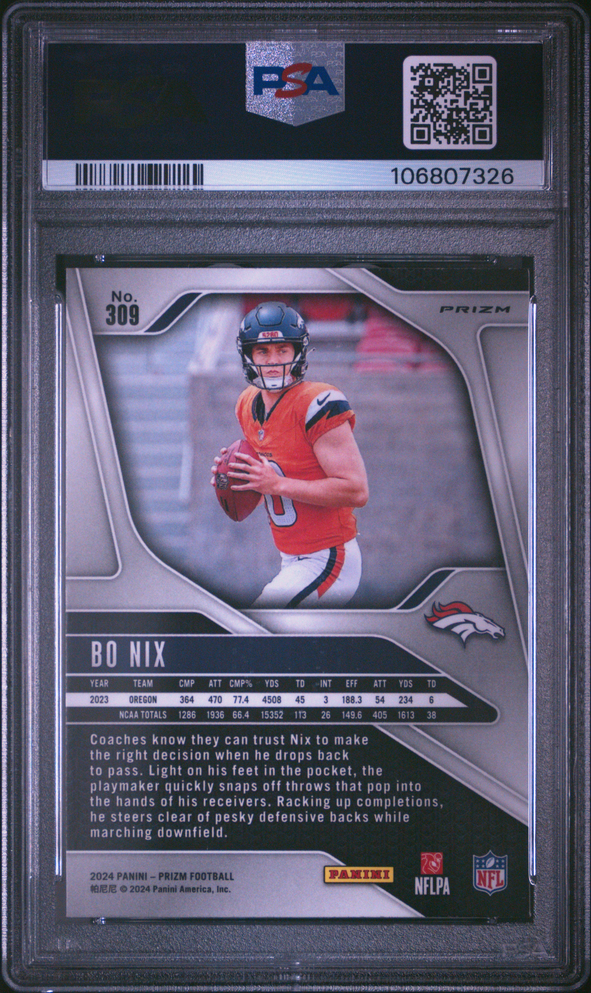 2024 Panini Prizm Bo Nix #309 (Silver Prizm) Gem Mt 10 back