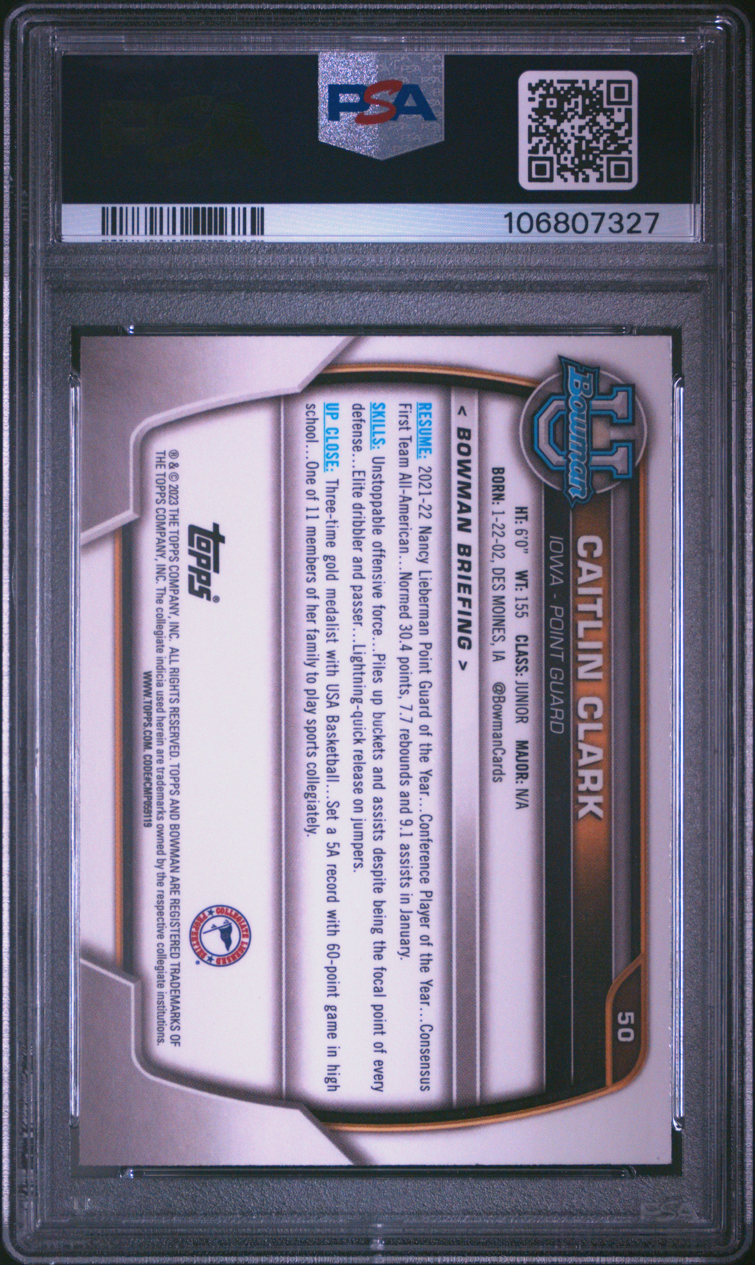 2022 Bowman Chrome University Caitlin Clark #50 Gem Mt 10 back