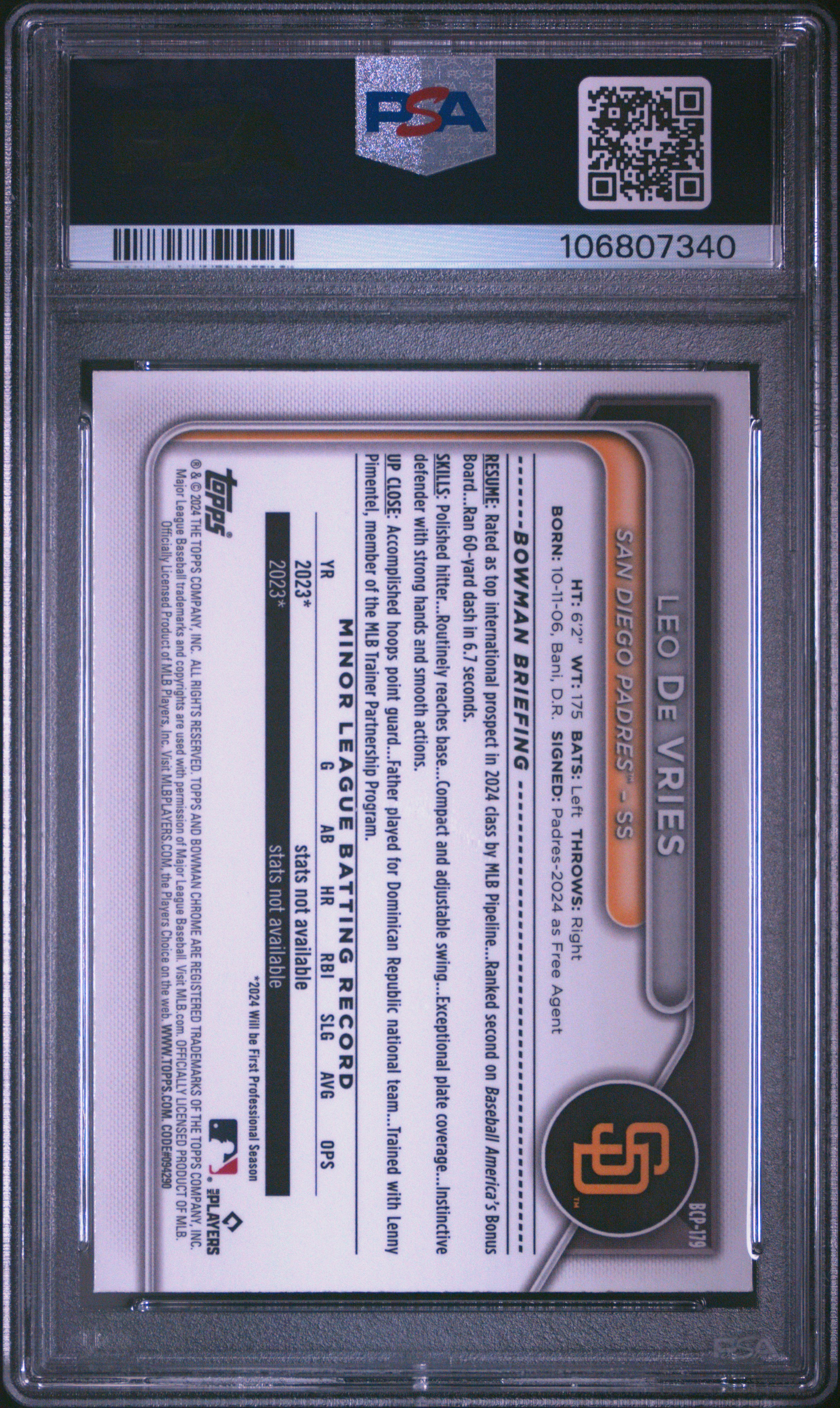 2024 Bowman Mega Box Chrome Prospects Leo De Vries #179 (Prospects) Gem Mt 10 back