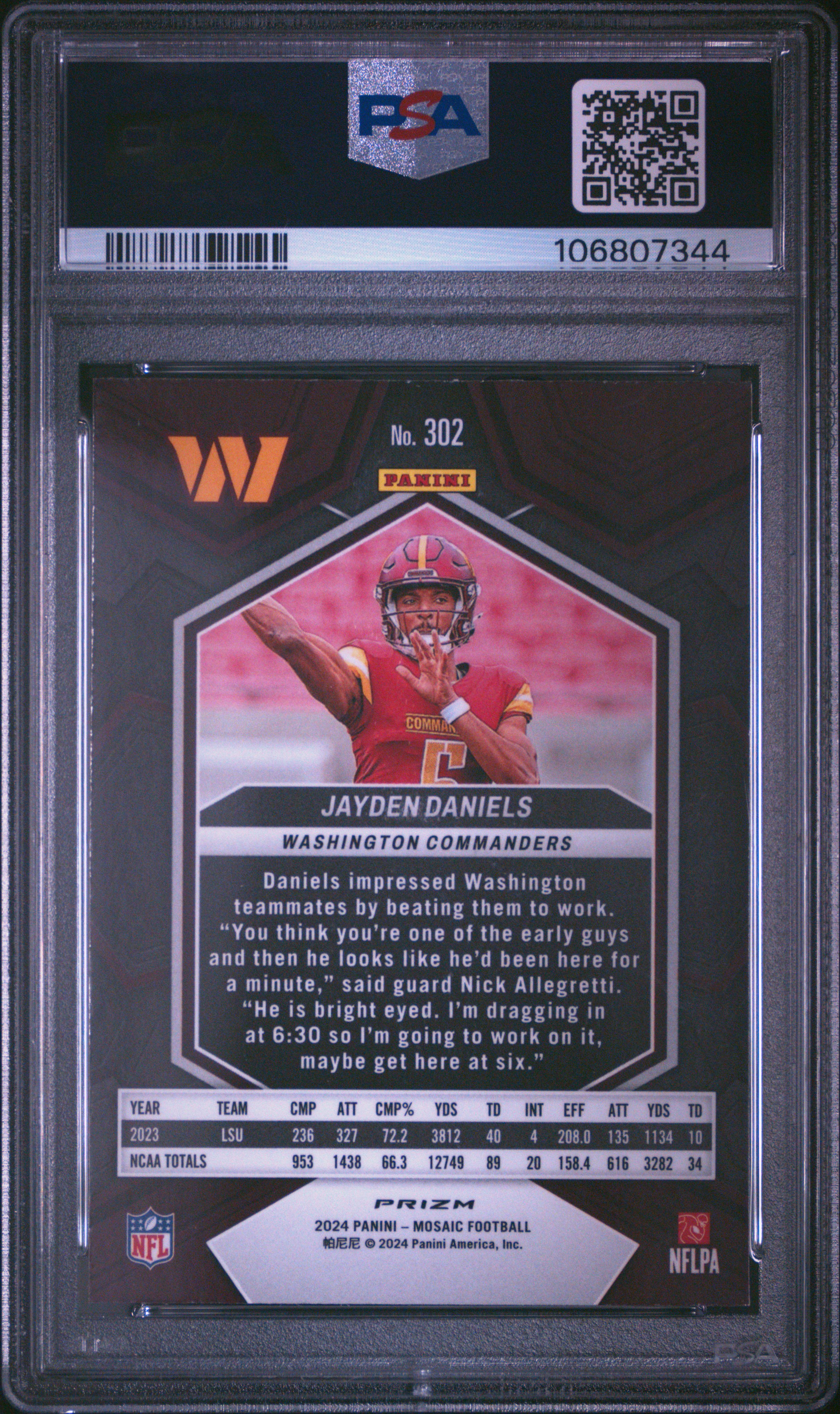 2024 Panini Mosaic Jayden Daniels #302 (Reactive Blue) Mint 9 back