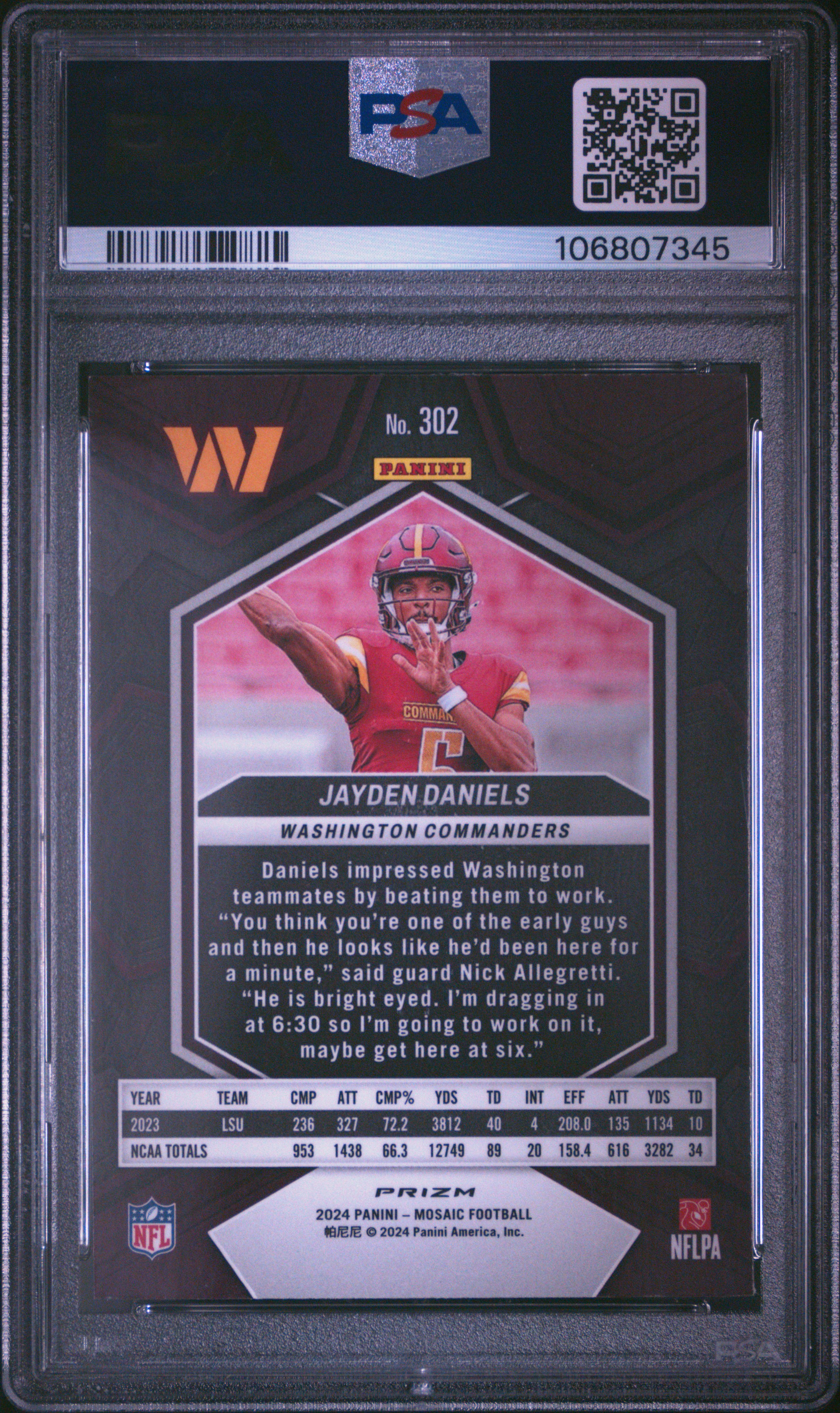 2024 Panini Mosaic Jayden Daniels #302 (Reactive Blue) Mint 9 back