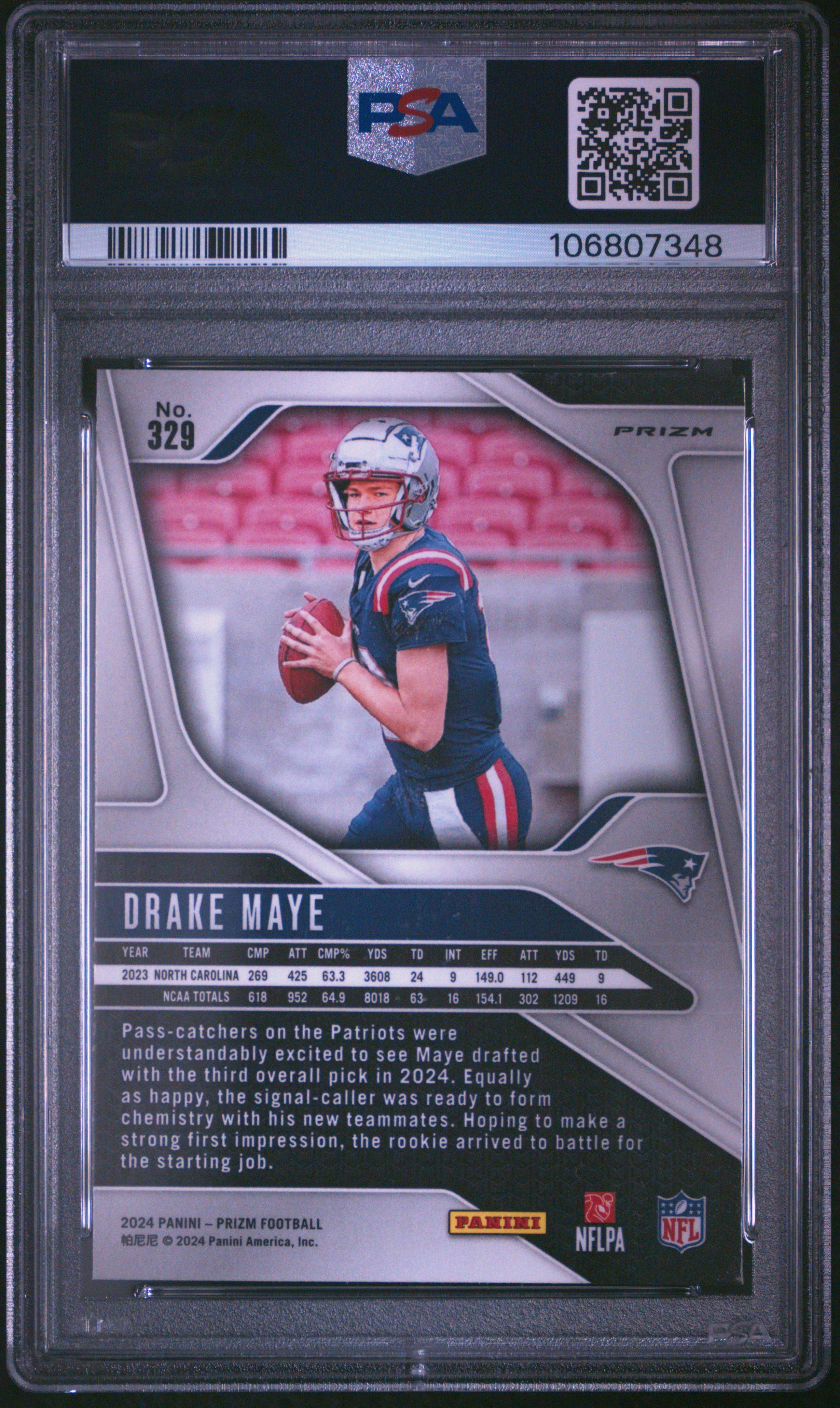 2024 Panini Prizm Drake Maye #329 (Lazer Prizm) Gem Mt 10 back