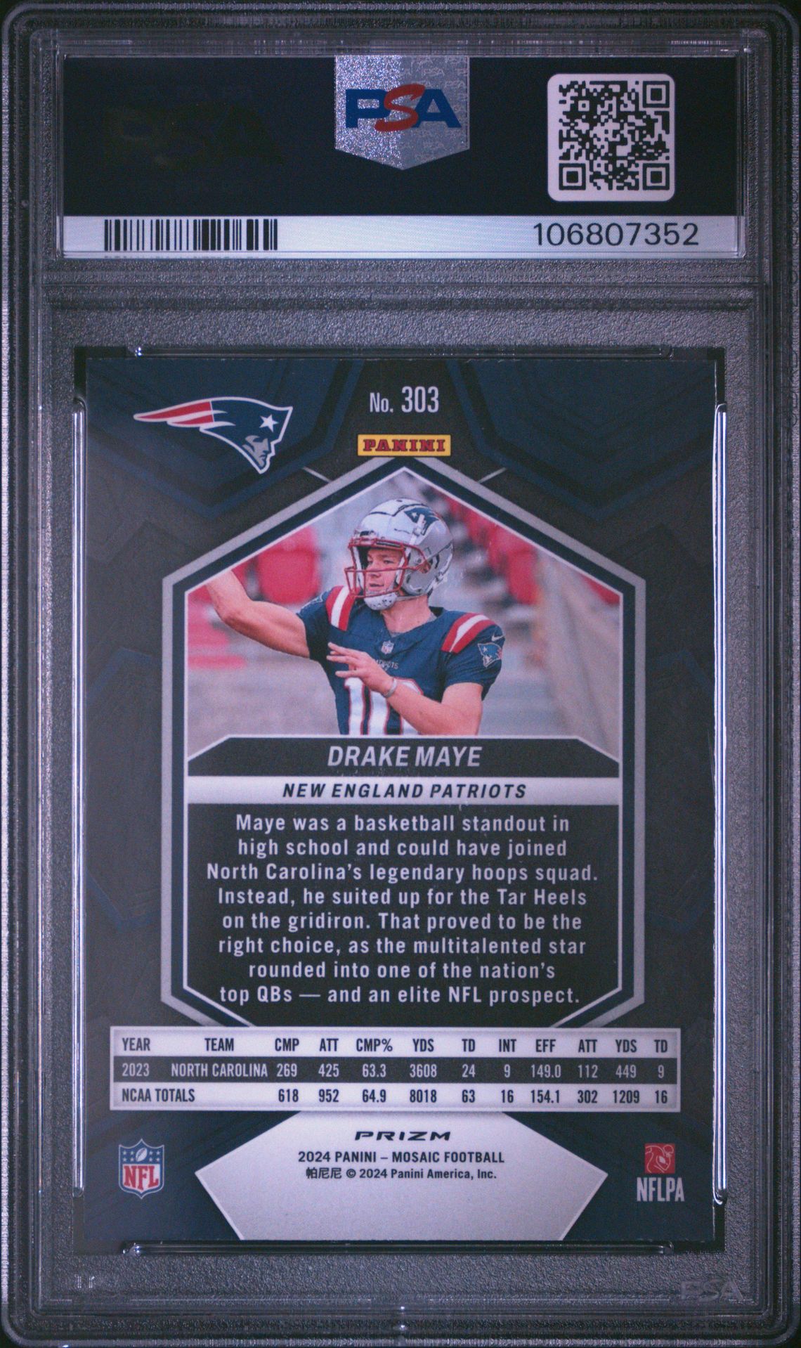 2024 Panini Mosaic Drake Maye #303 (Green) Gem Mt 10 back