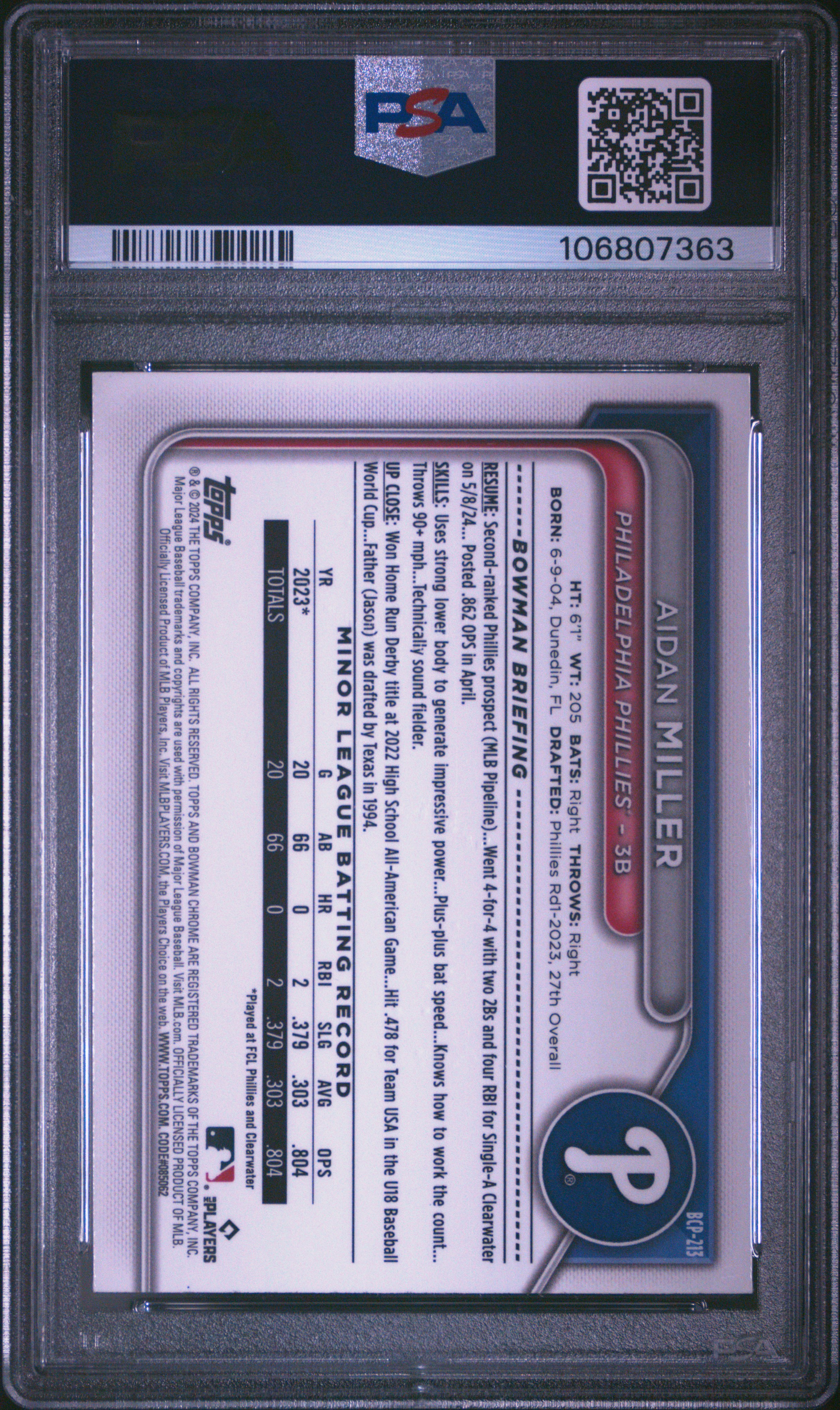 2024 Bowman Chrome Prospects Aidan Miller #Bcp213 (Prospects-Shimmer Ref) Mint 9 back