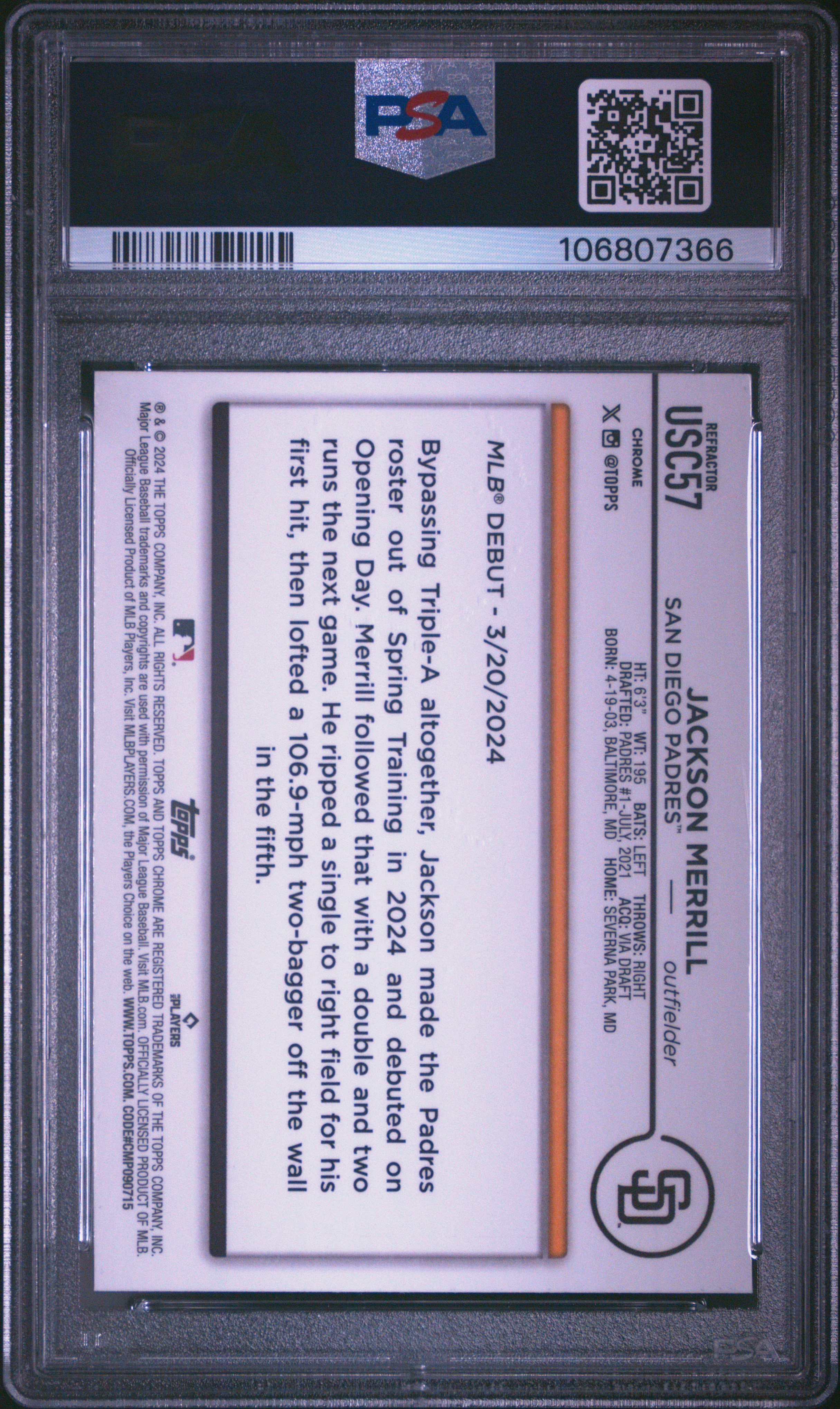 2024 Topps Chrome Update Jackson Merrill #Usc57 (Refractor) Gem Mt 10 back