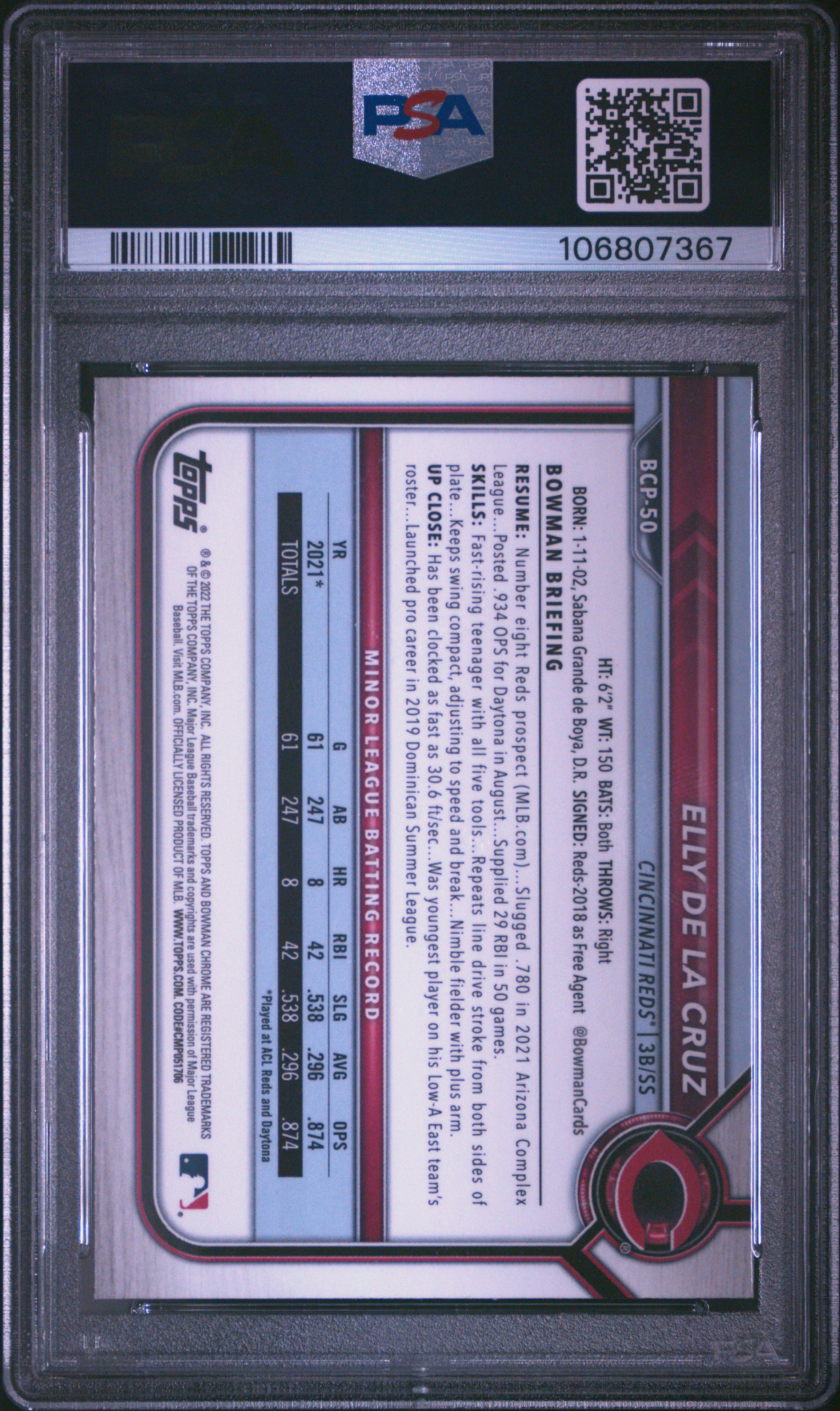 2022 Bowman Chrome Prospects Elly De La Cruz #Bcp50 (Chrome Prospects) Gem Mt 10 back