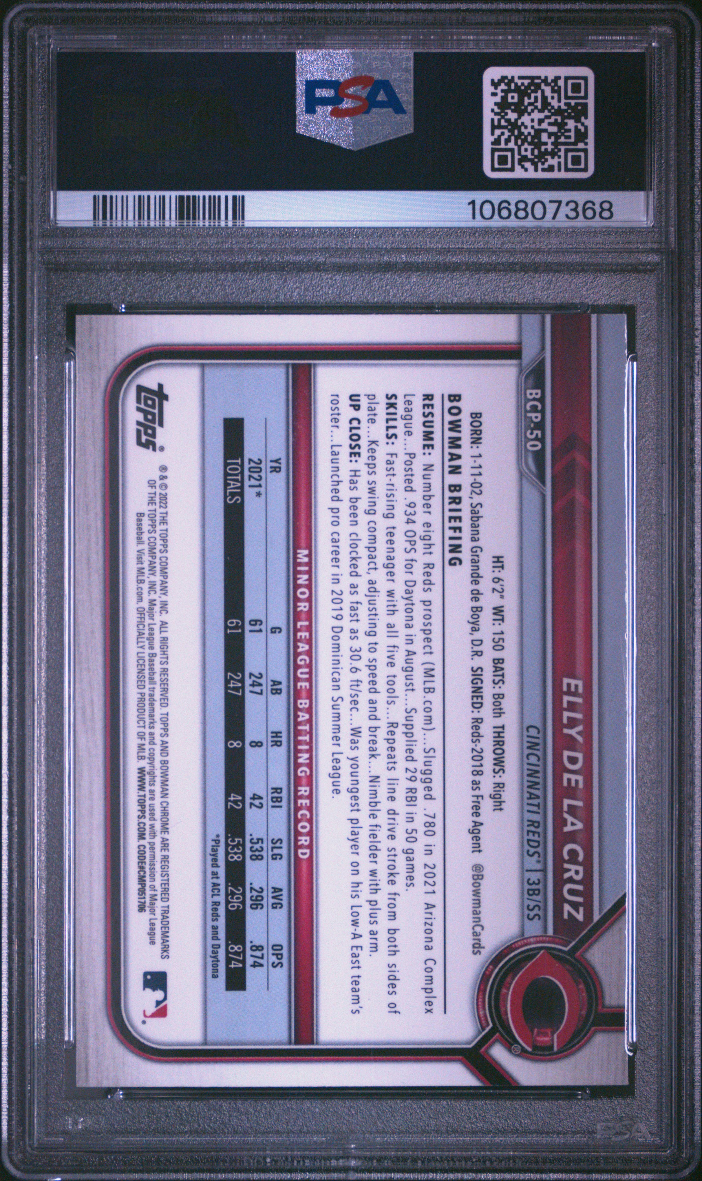 2022 Bowman Chrome Prospects Elly De La Cruz #Bcp50 (Chrome Prospects) Gem Mt 10 back