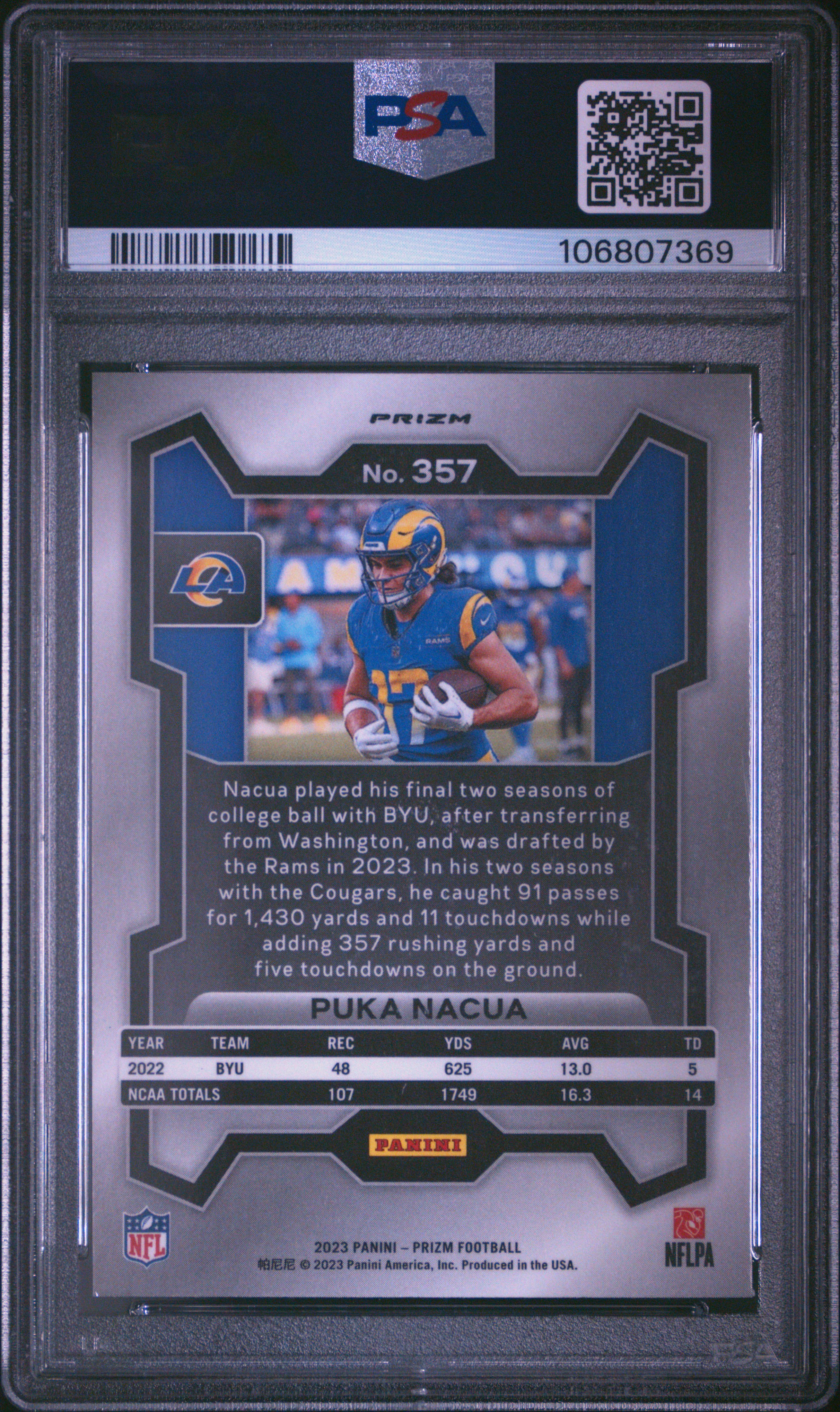 2023 Panini Prizm Puka Nacua #357 (Neon Green Pulsar) Mint 9 back