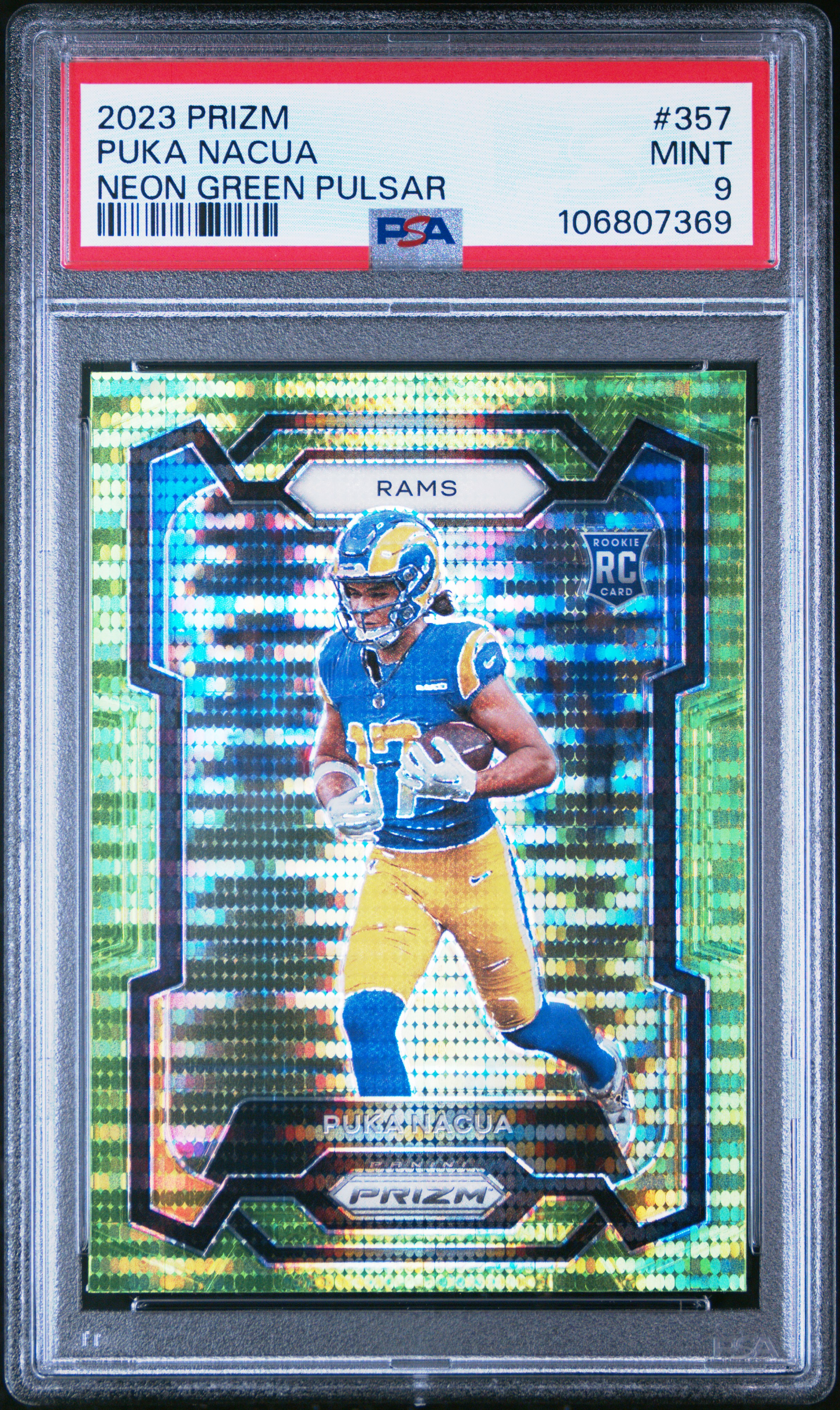 2023 Panini Prizm Puka Nacua #357 (Neon Green Pulsar) Mint 9 front