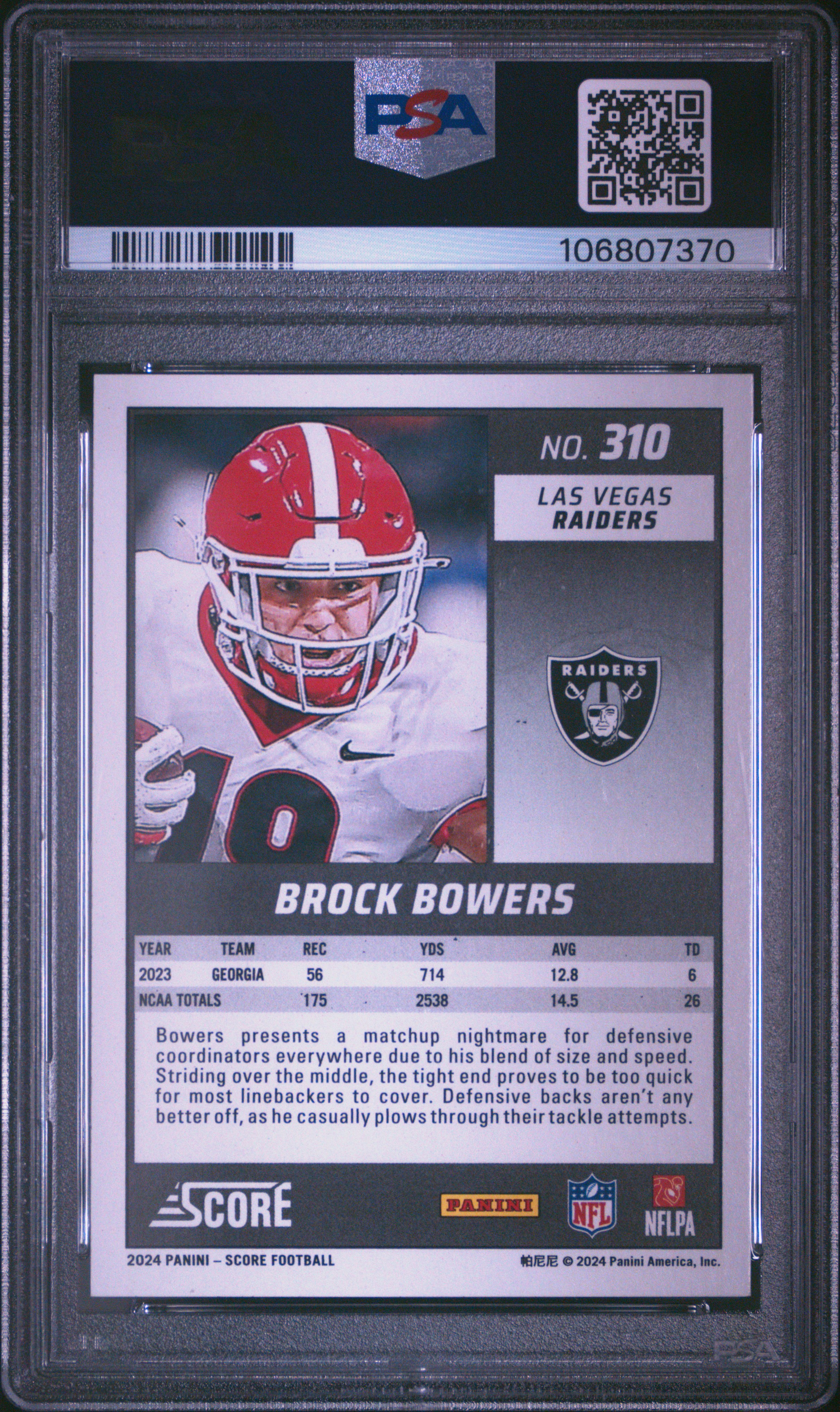 2024 Panini Score Brock Bowers #310 Gem Mt 10 back