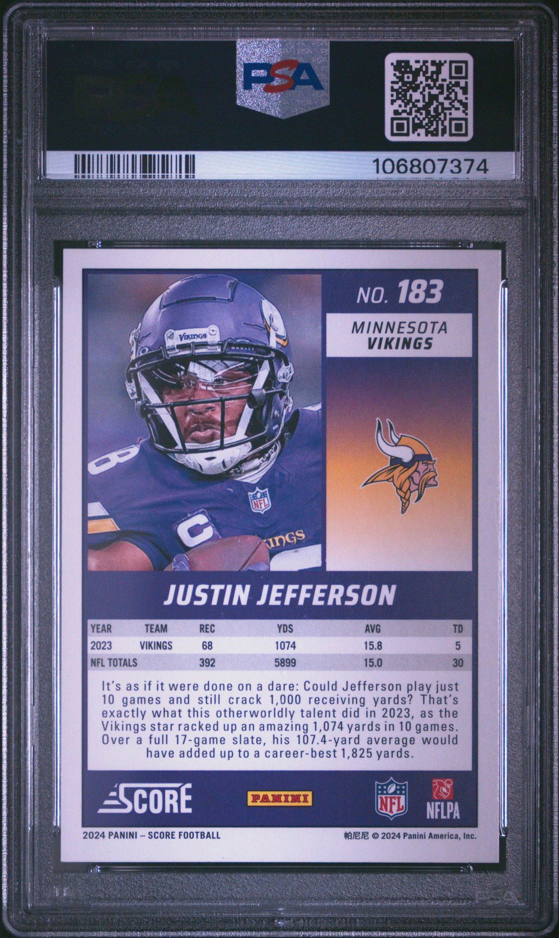 2024 Panini Score Justin Jefferson #183 (Extraterrestrial) Gem Mt 10 back