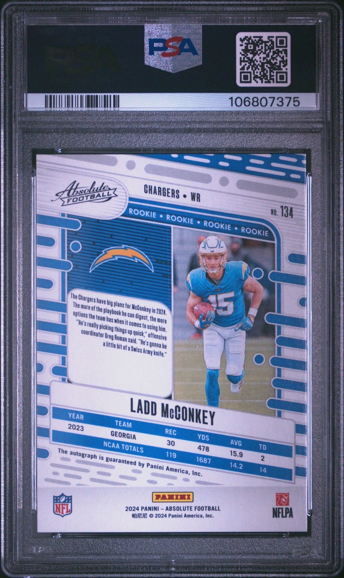 2024 Panini Absolute Ladd Mcconkey #134 (Signature-Gold Stars) Gem Mt 10 back