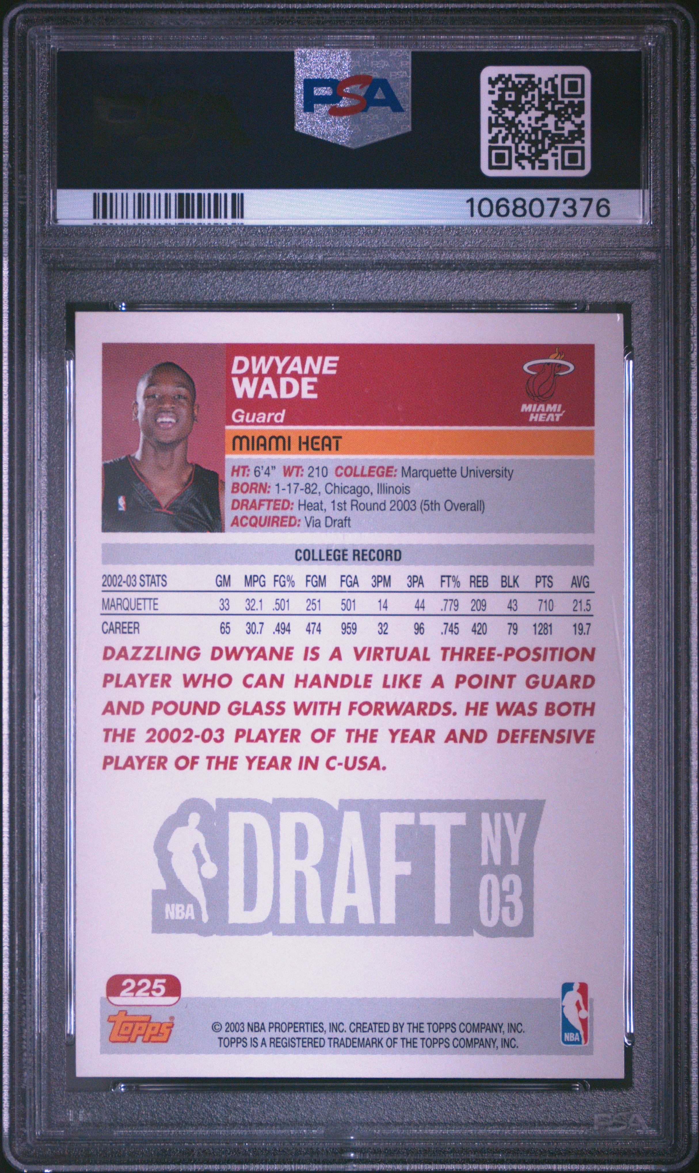 2003 Topps Dwyane Wade #225 (Collection) Nm 7 back