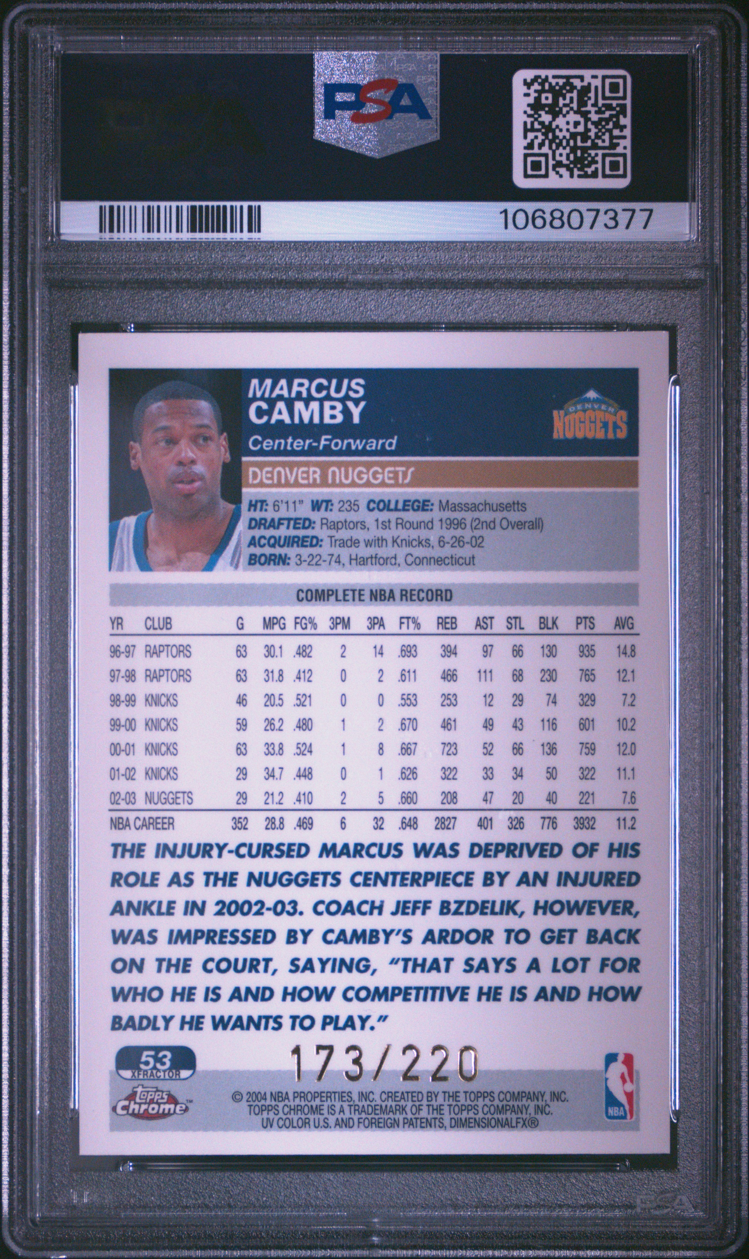 2003 Topps Chrome Marcus Camby #53 (Xfractor) Mint 9 back