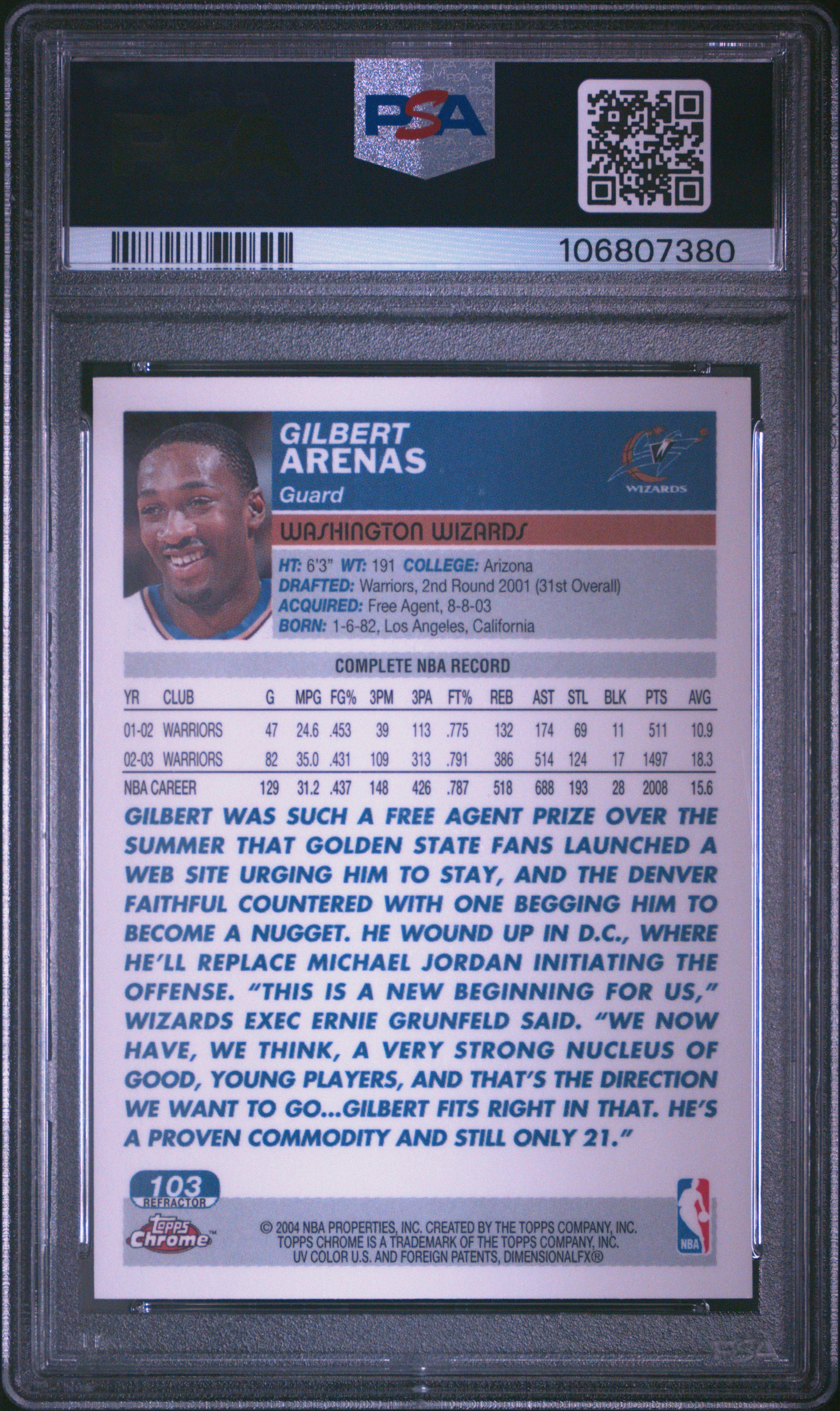 2003 Topps Chrome Gilbert Arenas #103 (Refractor) Gem Mt 10 back