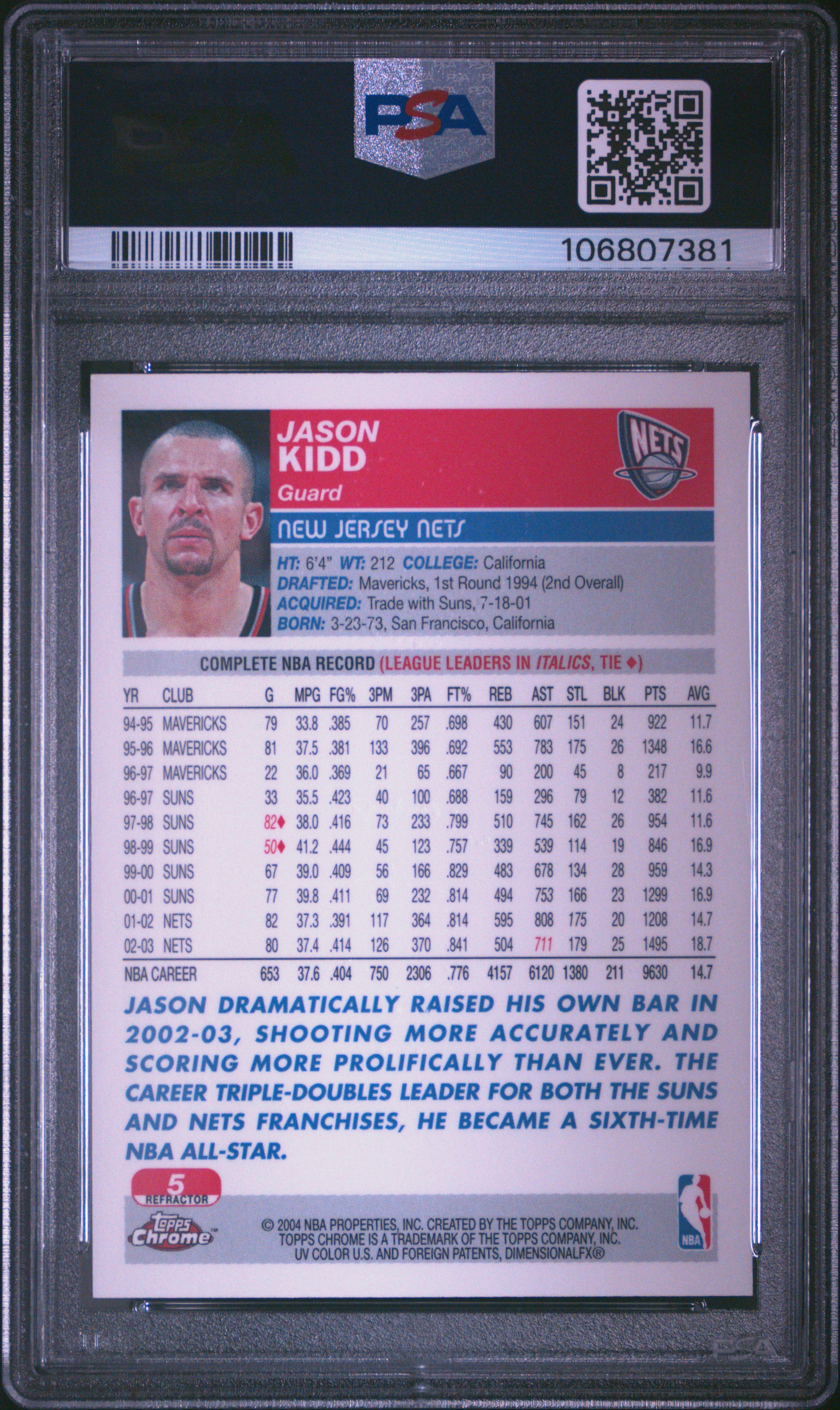 2003 Topps Chrome Jason Kidd #5 (Refractor) Mint 9 back