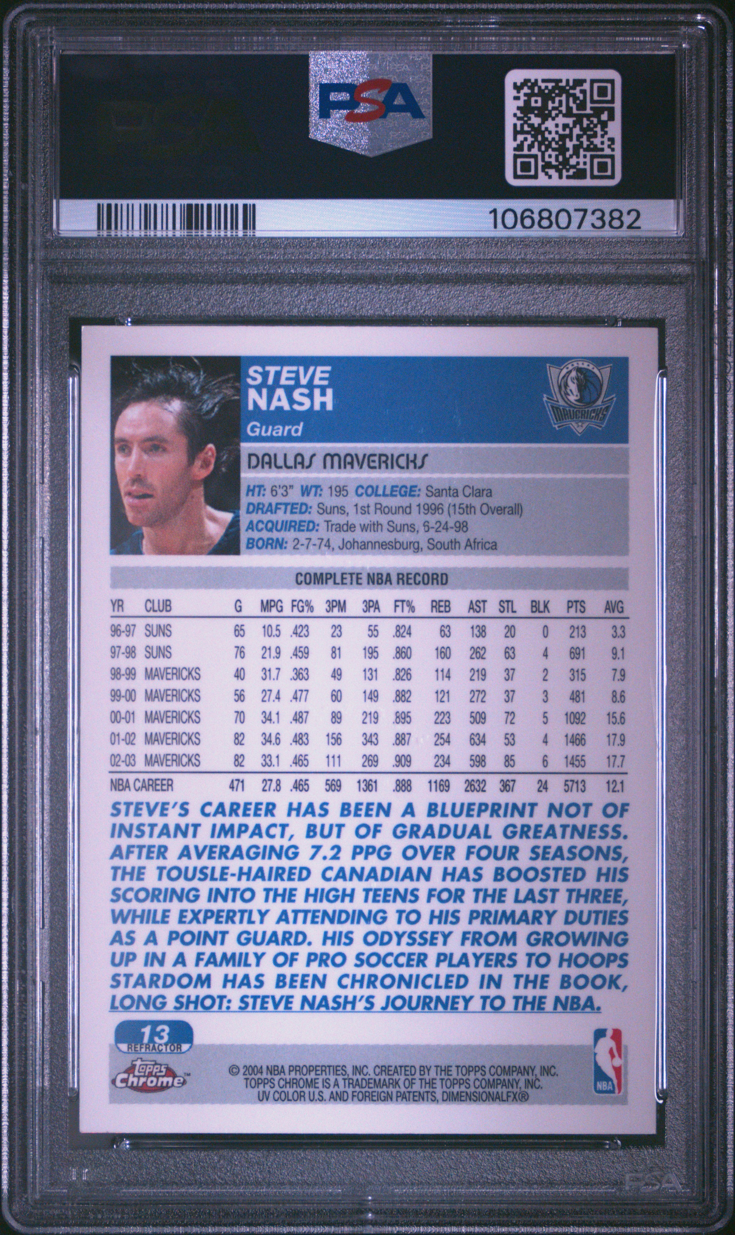 2003 Topps Chrome Steve Nash #13 (Refractor) Mint 9 back